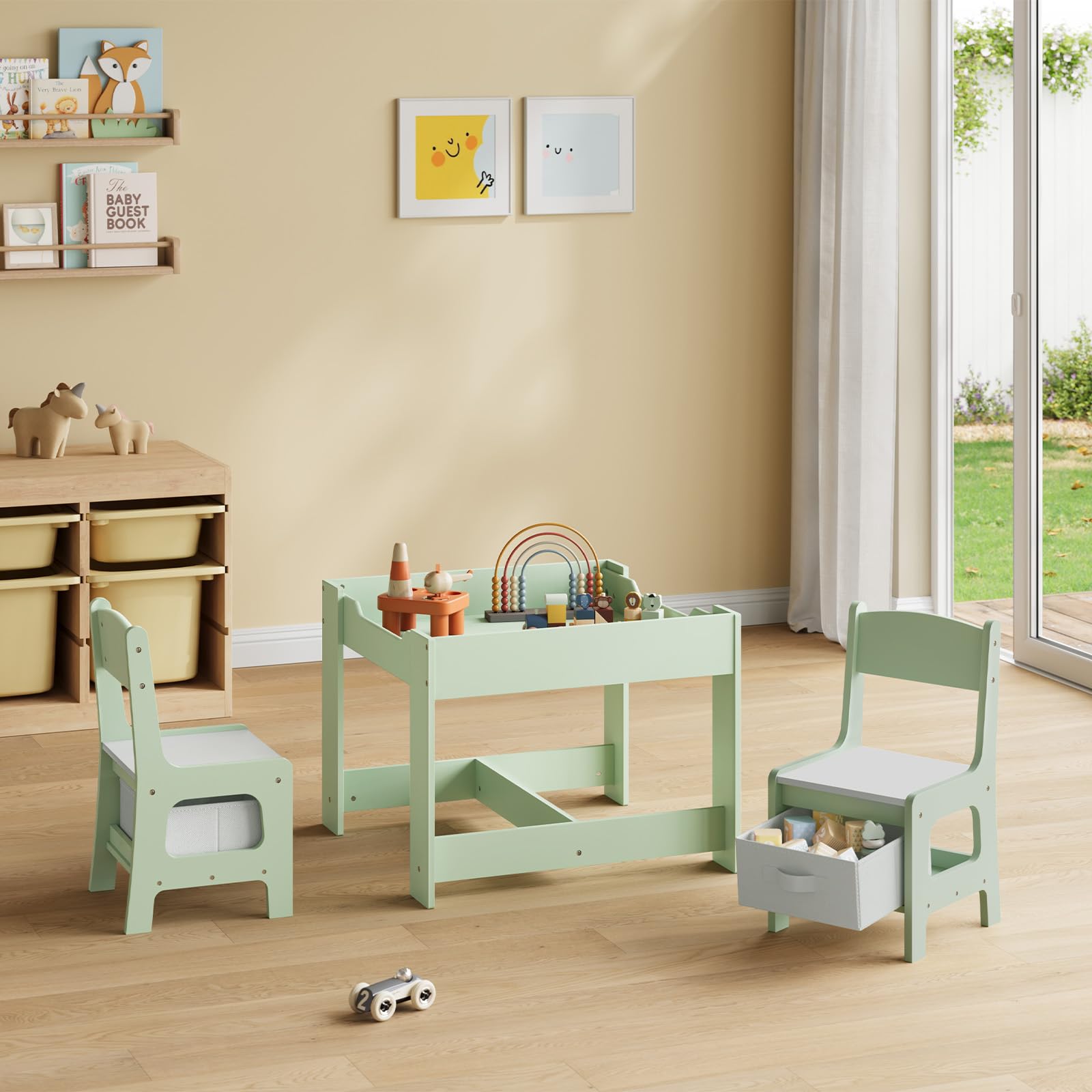 WOLTU Table et 2 Chaises pour Enfants, Mobilier pour Crèche avec Rangement, Plateau de Table Réversible,pour Enfants Plus de 2 Ans, en Bois MDF, Vert et Blanc
