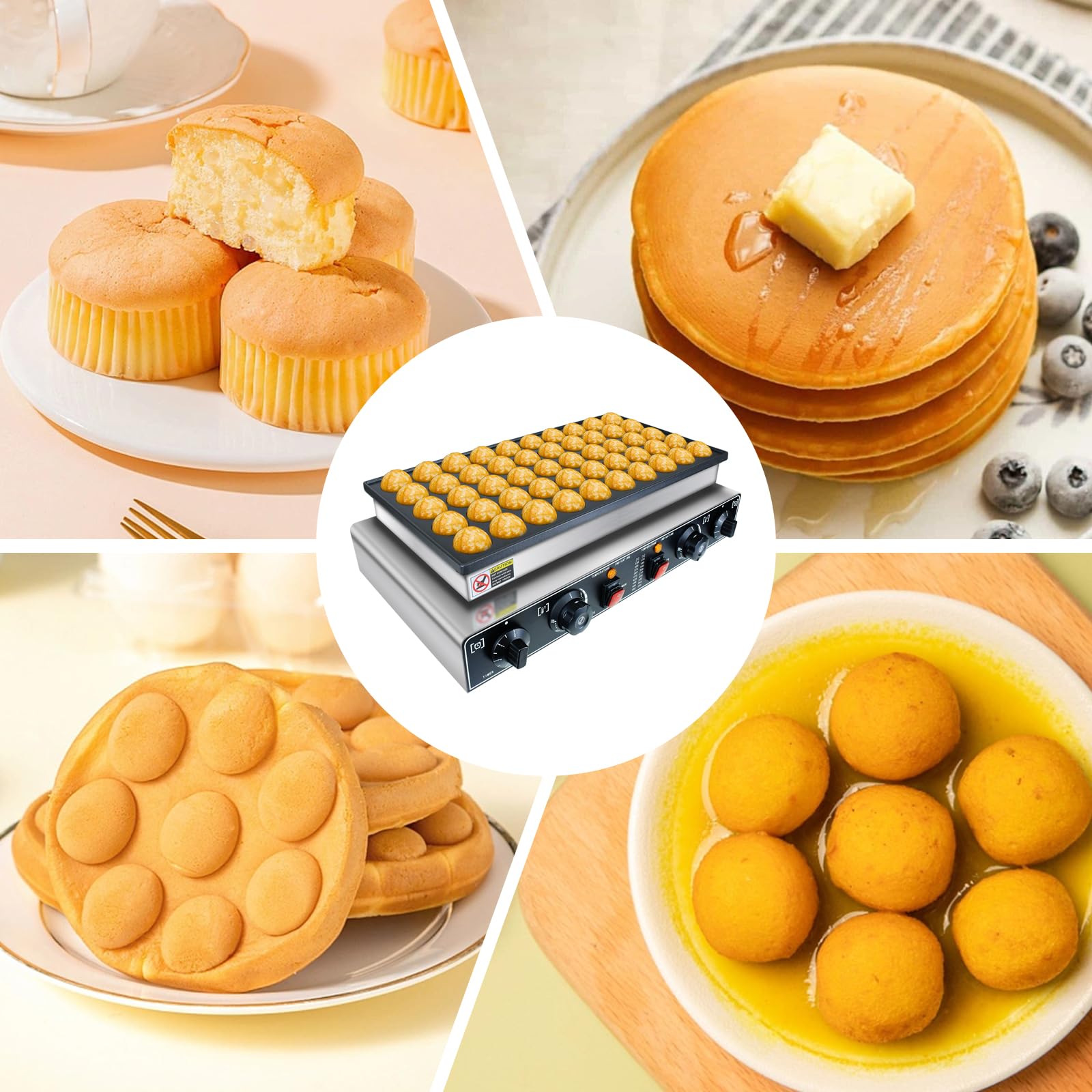 Mini panqueques holandés, 50 wafleras grandes comerciales, máquina eléctrica para hacer crepas, máquina eléctrica antiadherente redonda con 2 termostatos y 2 temporizadores de control separado 6