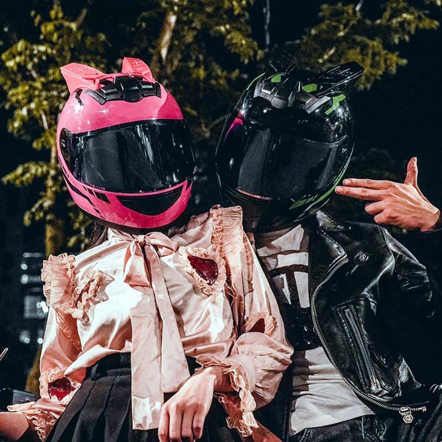 Casco da Moto con Orecchie di Gatto Nero/Rosa per Ragazze E Donne, Casco da Moto Modulare con Omologazione DOT/ECE, Casco Integrale con Doppia Visiera E Casco Flip-Up Integrato A,M(54-56 CM)