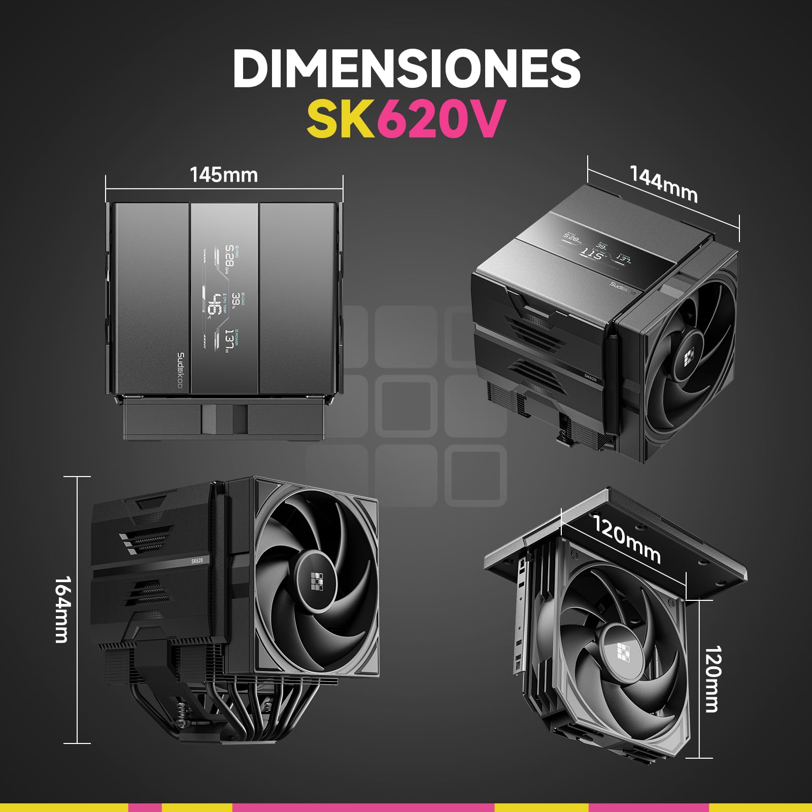 Sudokoo SK620V Disipador CPU AM5: CPU Cooler con Pantalla Digital Solo para AM5 -Doble Torre con Dos PWM FDB Ventiladores de 120mm y 6 HeatPipes, Fácil Montaje Deslizante, 5 Años de Garantía, Negro