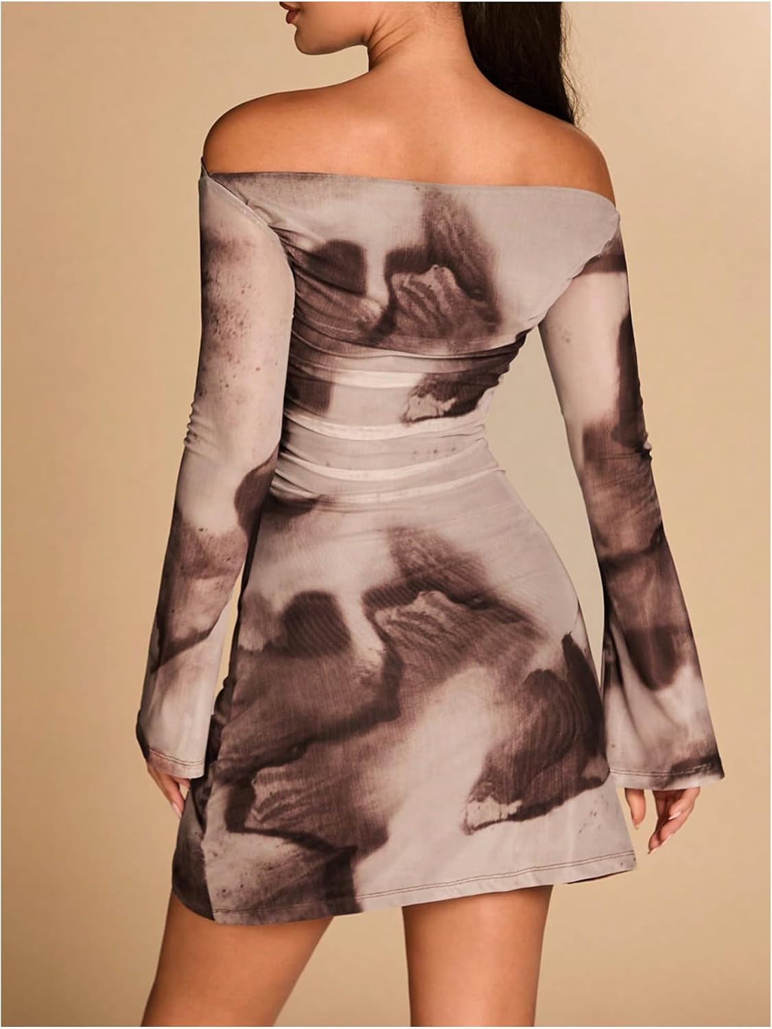 GORGLITTER Women's Off The Shoulder Bodycon Dress Fall Tie Dye Mesh Ruched Long Sleeve Party Club Classy Mini Dresses - Image 2