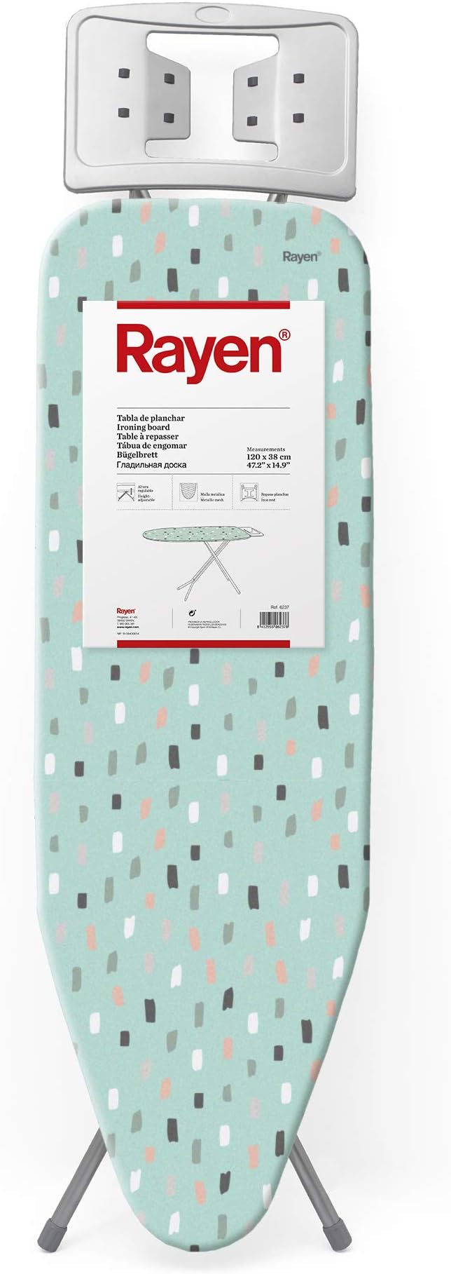 Rayen | Ironing board | Table with metal mesh, adjustable height and rest - Plates | Measurements: 120 x 38 cm |