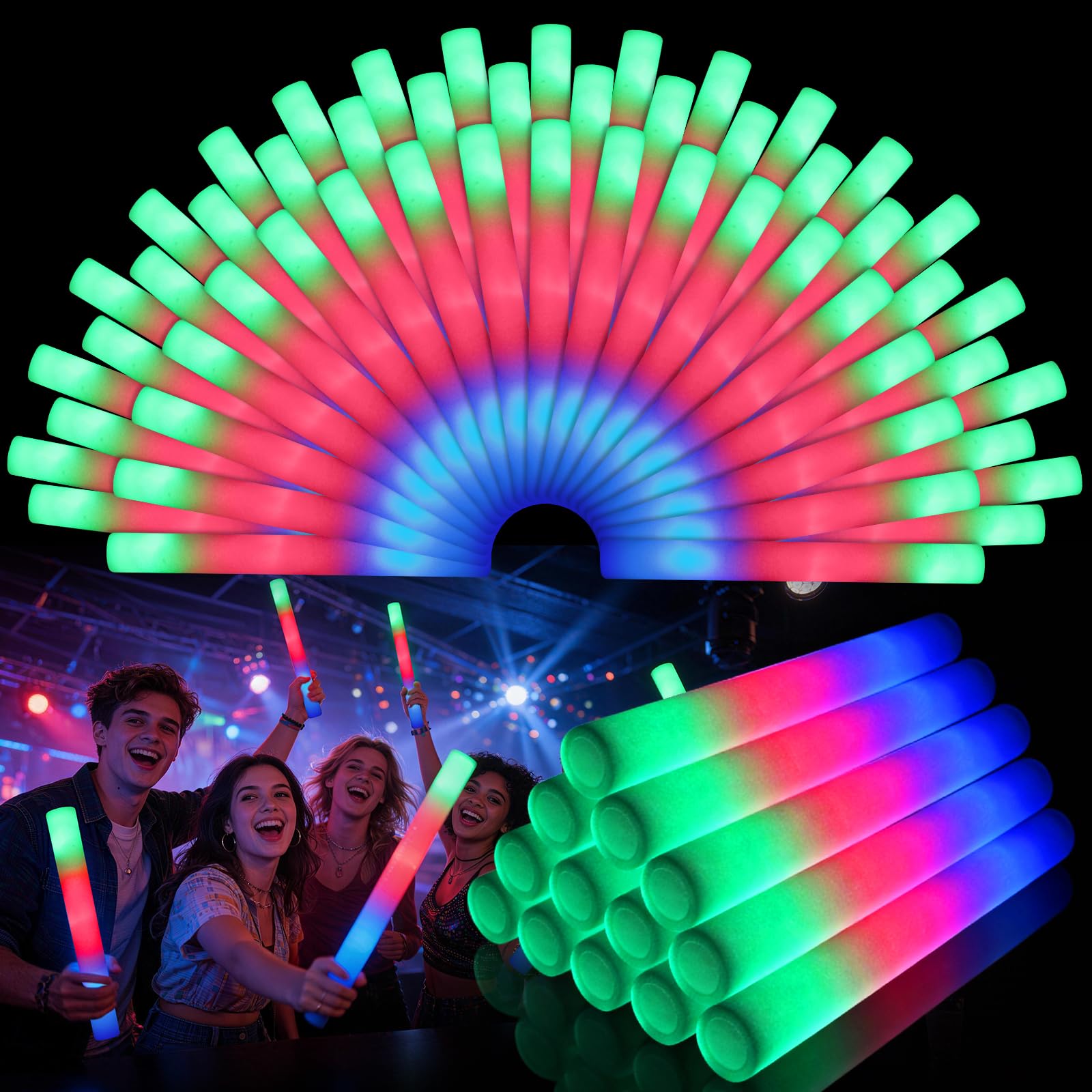 Wellent 72 Stück LED-Schaumstoffstäbchen, leuchtende Schaumstoffstäbe mit 3 Farbmodi, Leuchtstäbe, Party-Set, leuchten im Dunkeln, Partyzubehör für Hochzeit, Konzert, Neujahr, Geburtstag, Weihnachten