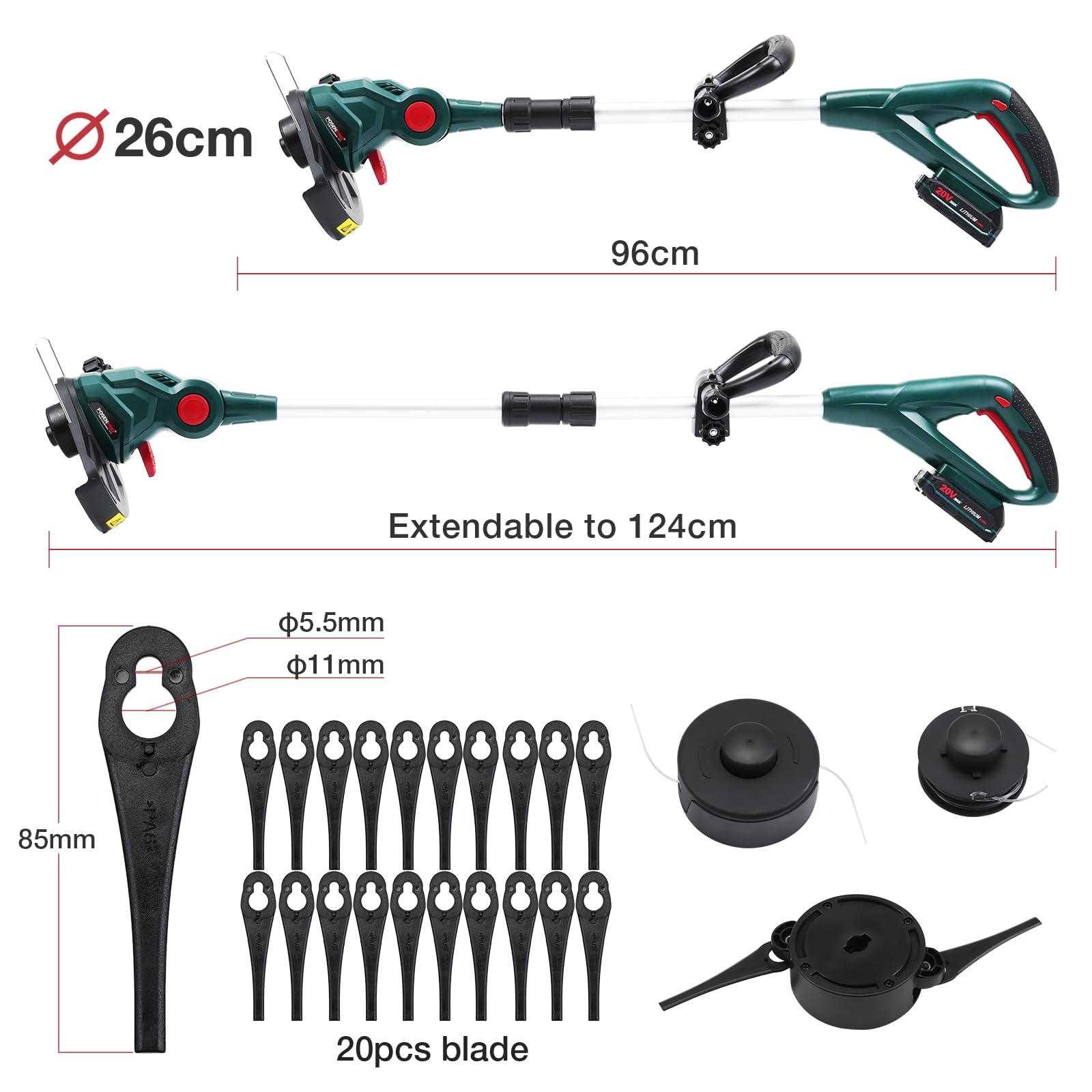 18 V accu-grastrimmer 2,0 Ah, 2-in-1 grastrimmer en kantensnijder gazon, 90 graden draaibare
