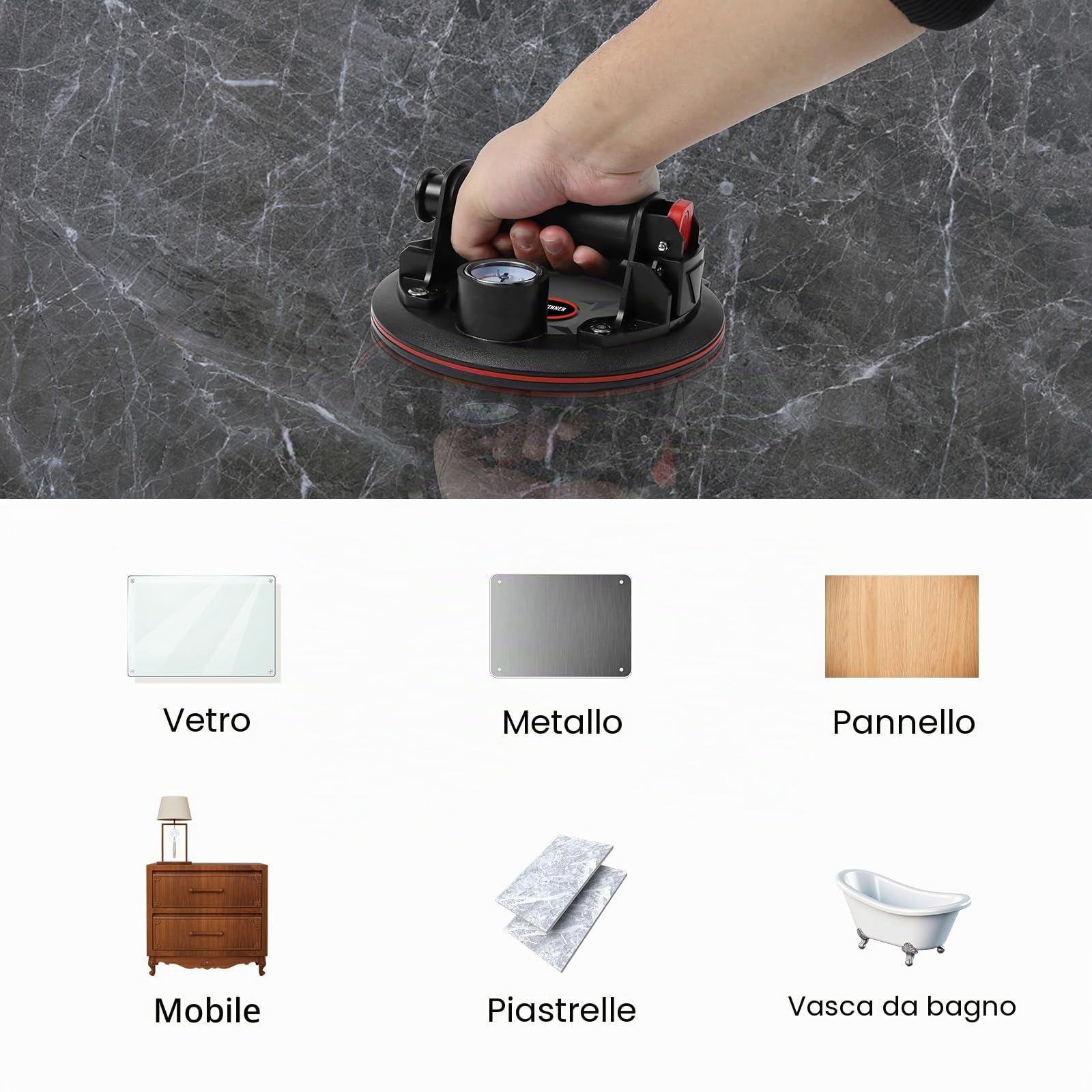 DEWINNER Ventosa sottovuoto con manometro, 2x Ventose per Vetro, Ventose per Piastrelle con Cassetta Attrezzi Portatile Portata 300kg, per il Sollevamento e la movimentazione di Materiali come Vetro