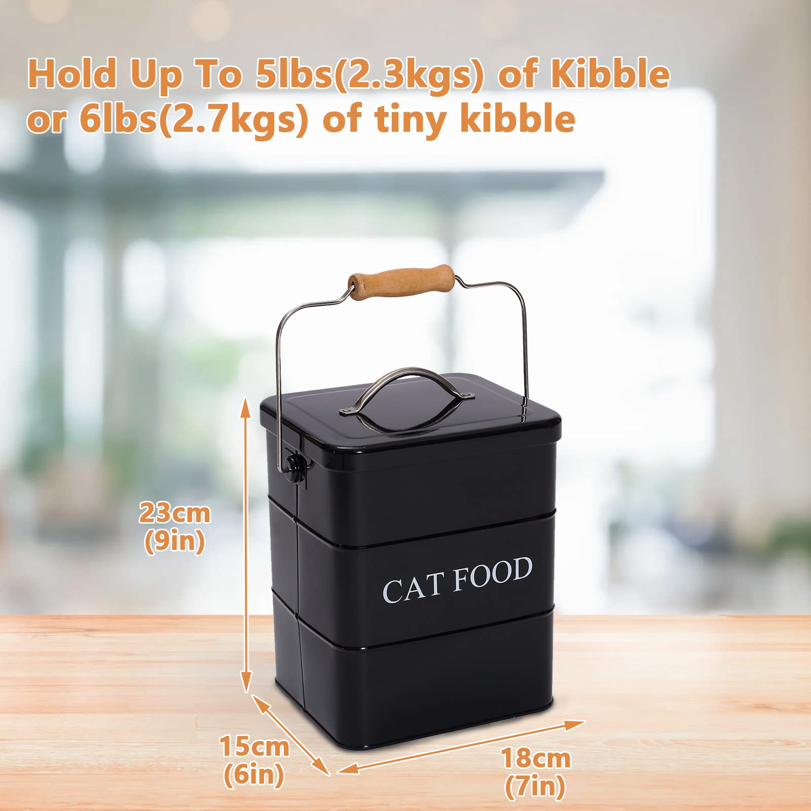 Geyecete- Cajas Almacenamiento de Alimentos y golosinas para Animales, con Mango de Madera y herméticas Tapa, Acero Carbono Revestido Contenedor de Comida para Gatos -Capacidad 3kgs-Negro
