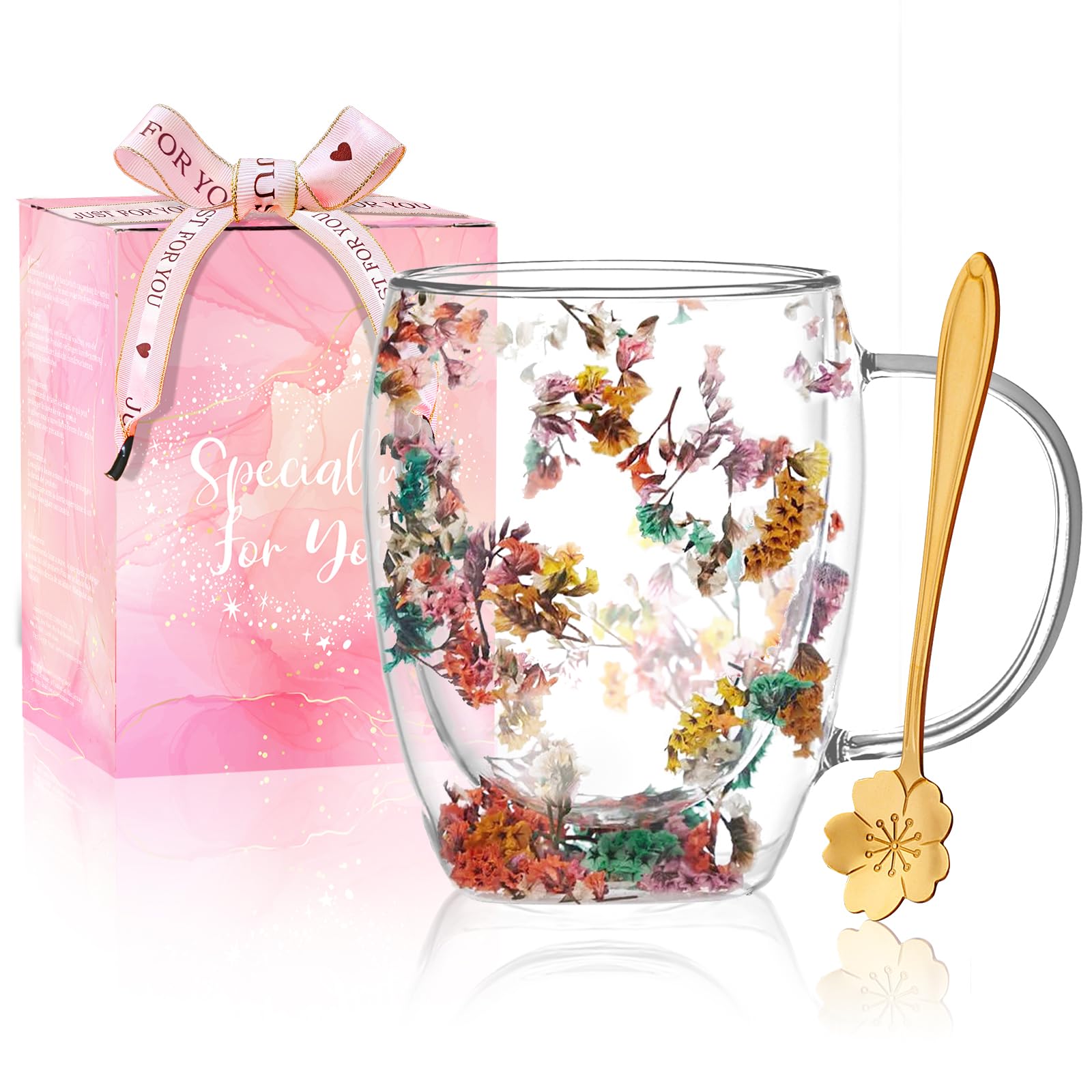 Double-Walled Glass Coffee and Tea Cup with Handles, Cute Fall Mug, Gifts for Women, Mom and Sisters for Birthday and Christmas