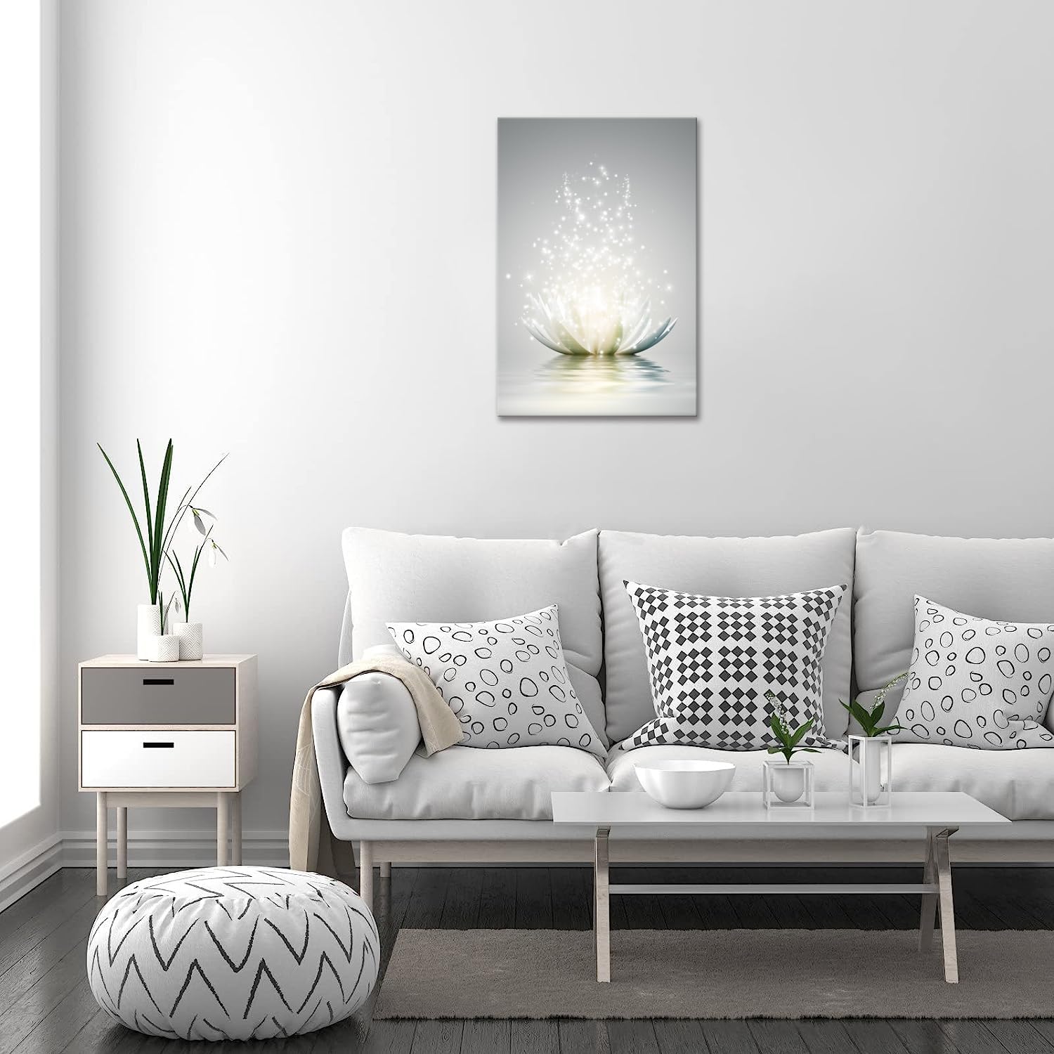 Peinture Murale Zen Fleur De Lotus Blanche Et Dorée - Œuvre D'art Abstraite Pour La Maison, Le Salon - Encadrée - Galerie Emballée