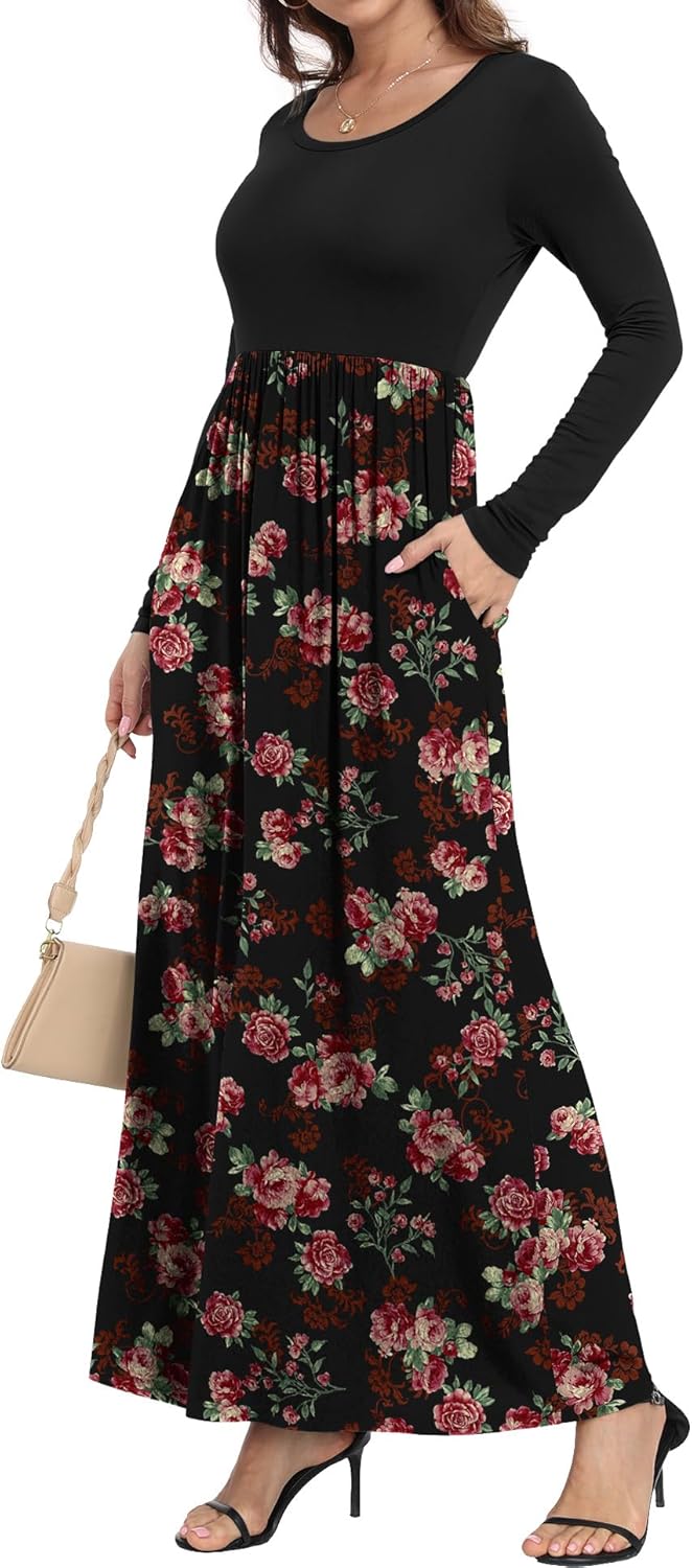 HAOMEILI Women's Casual Loose Long Dress Long Sleeve Floral Print Maxi Dresses with Pockets L Rose Black - Image 4