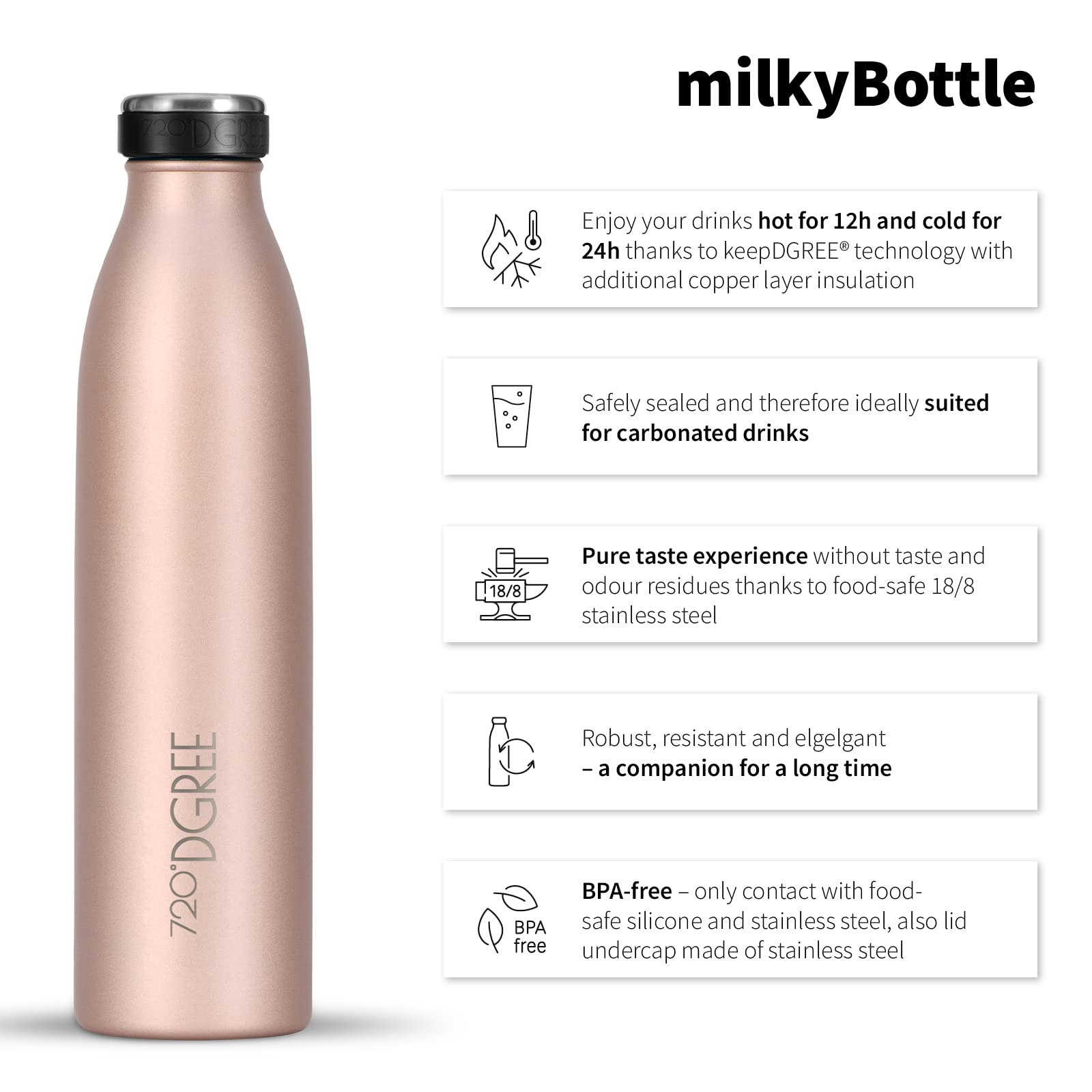La 720°DGREE milkyBottle destaca por su diseño compacto y materiales de alta calidad para mantener tus bebidas a la temperatura ideal.