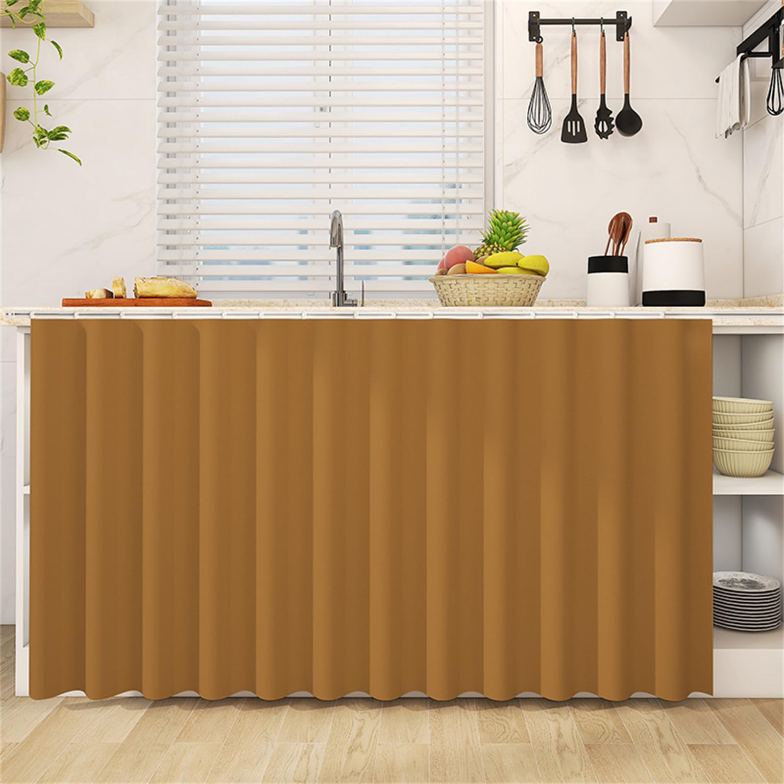 Highdi Cupboard Short Curtain Kitchen, Hide Away Small Curtains for Kitchen Cupboard Door - No Drilling Is Required with Hook and Loop for Under Sink-Solid Colour (Yellow Gold,100 * 120cm)