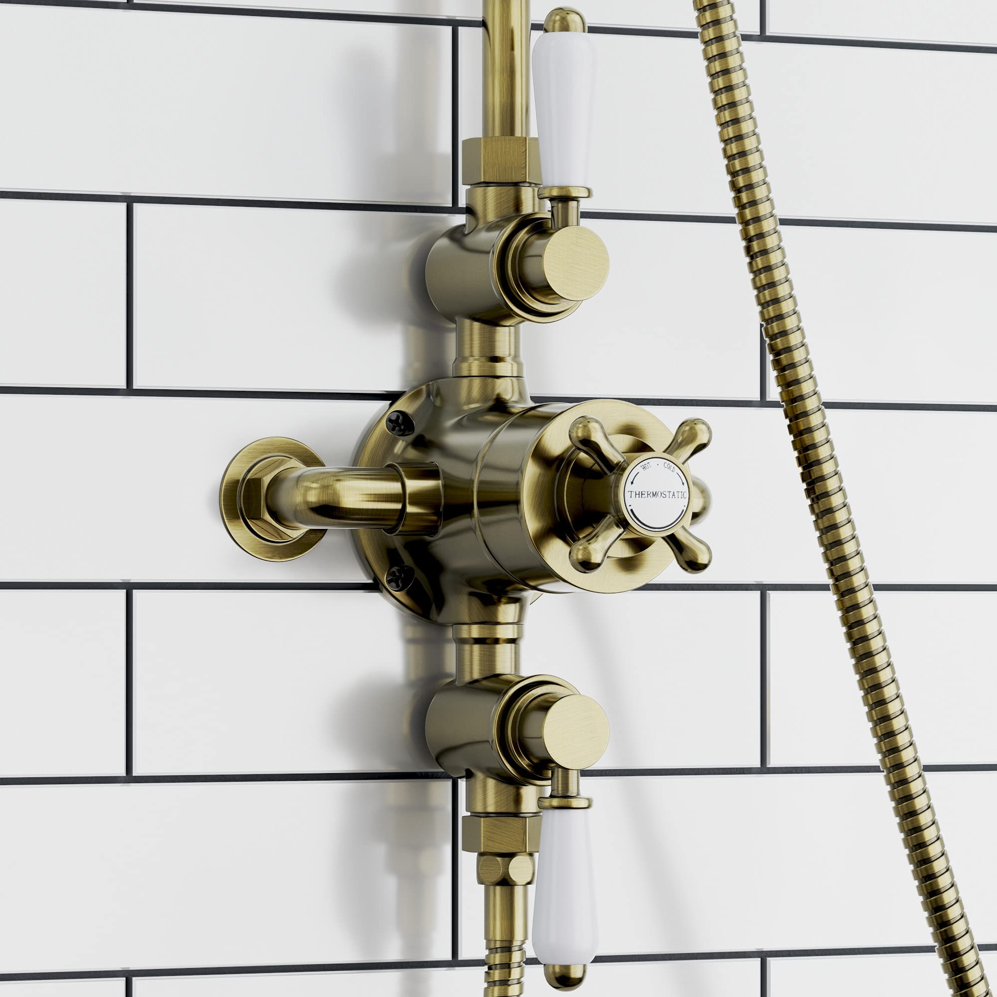 ENKI, Downton, T92, Double Shower Unit Outlet, Triple Thermostatic Shower Valve, Antique Brass Shower Tap Attachment for Bathroom Shower, Classic Shower Valve Style