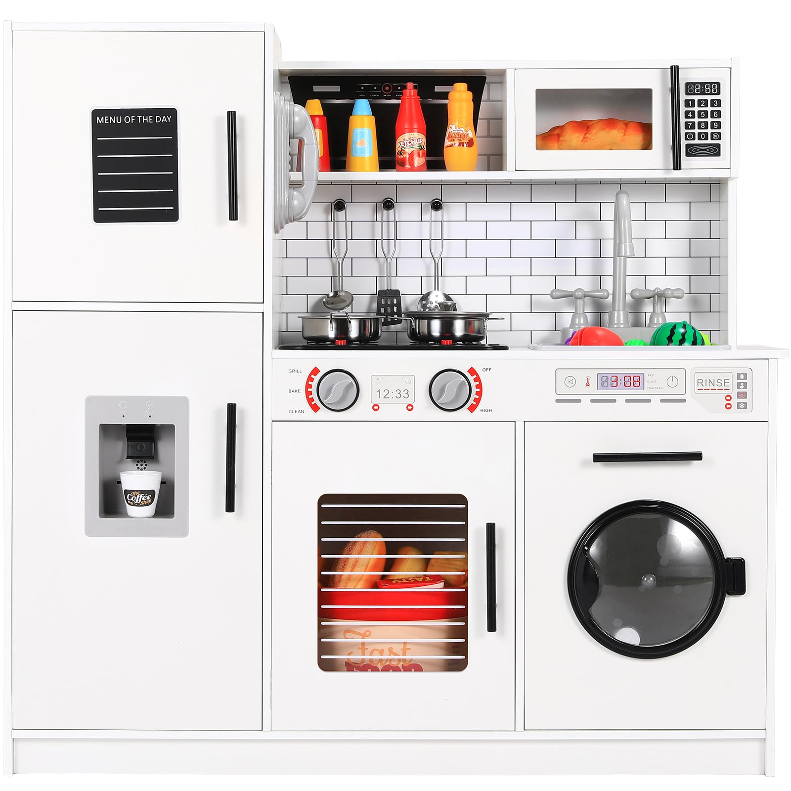 Clevich Kinderküche Holz für Kinder Kinderzimmer, Kita, Geburtstag MDF mit Waschmaschine, Eismaschine, Herd, Spüle, Mikrowelle, Backofen, Telefon, Sound Licht Spielküche, Weiß 82x80x25 cm