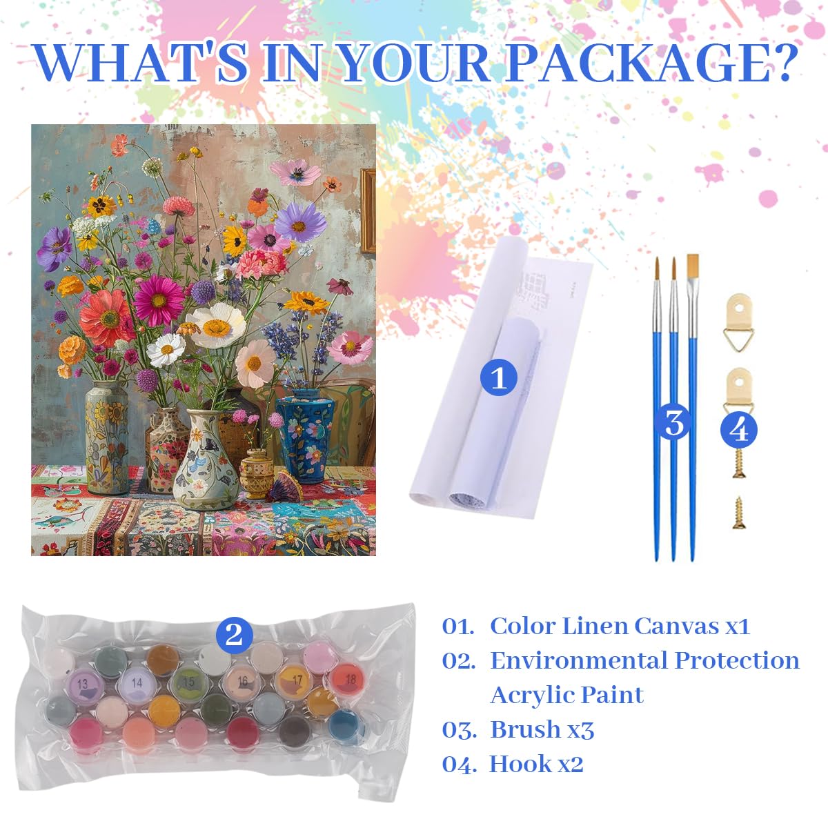 HASTHIP® DIY Paint by Numbers Kit for Adults & Kids, Retro Aesthetic Wildflower Bouquet Painting on Canvas, DIY Wall Art Acrylic Number Painting Kit with Brushes & Numbered Pigments, 40x50cm 2