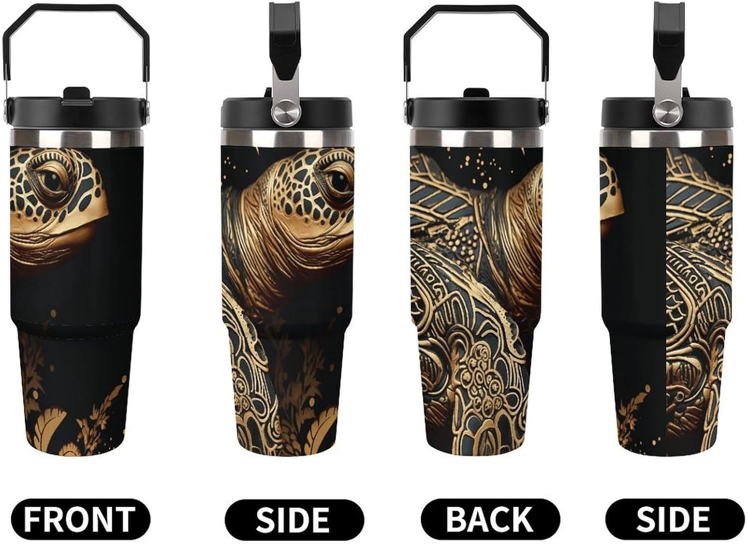 30oz Insulated Tumblers with Top Handle, Stainless Steel Black And Gold Sea Turtle Pattern Car Cup with Straw for Gift, Leak-Proof Double Wall Vacuum Travel Mug, Personalized Water Bottles Black