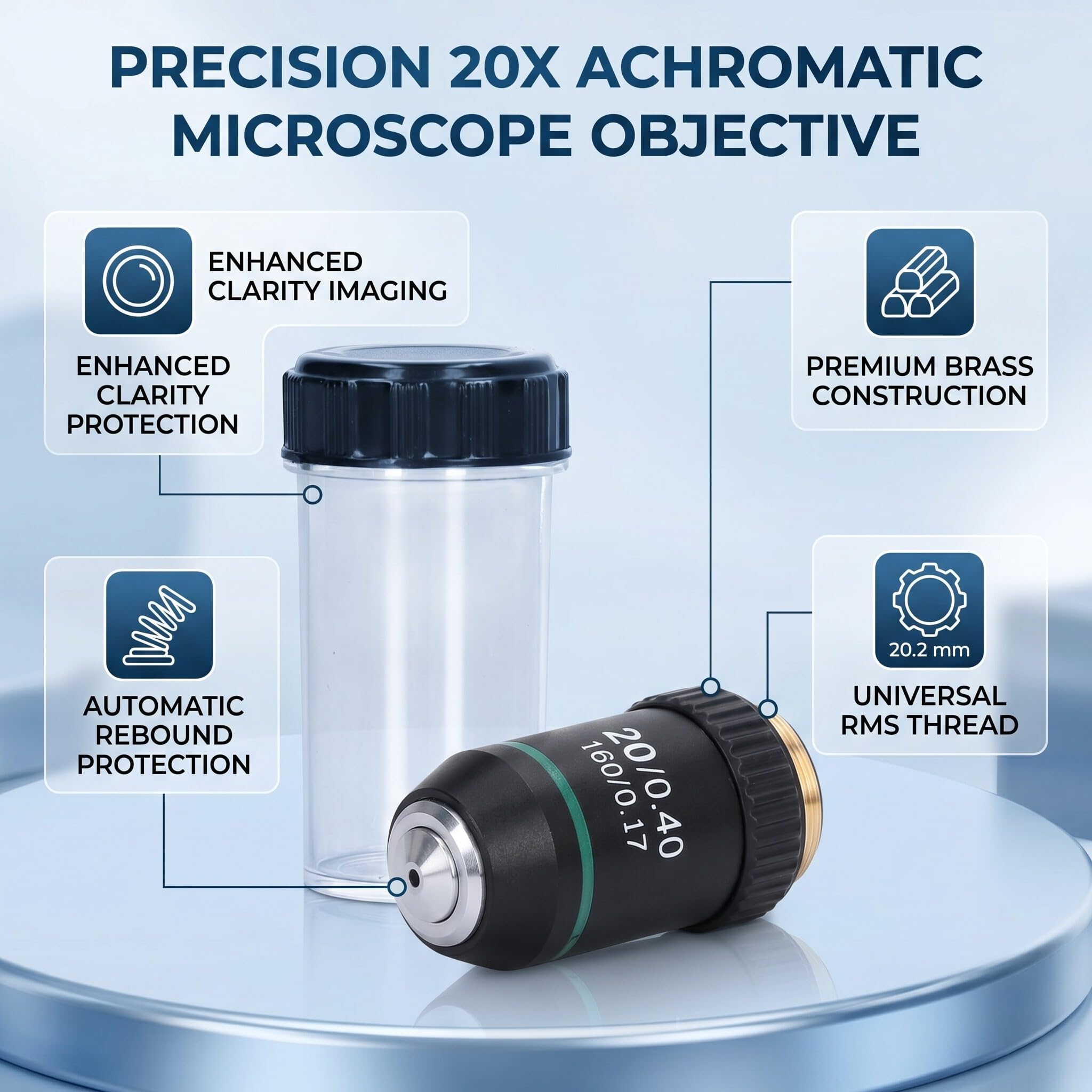 Achromatisches Mikroskop-Objektiv 20-Fach Hohe Lichtdurchlässigkeit 20.2mm Schnittstelle Professionelle Objektivlinse für Labor und Forschung