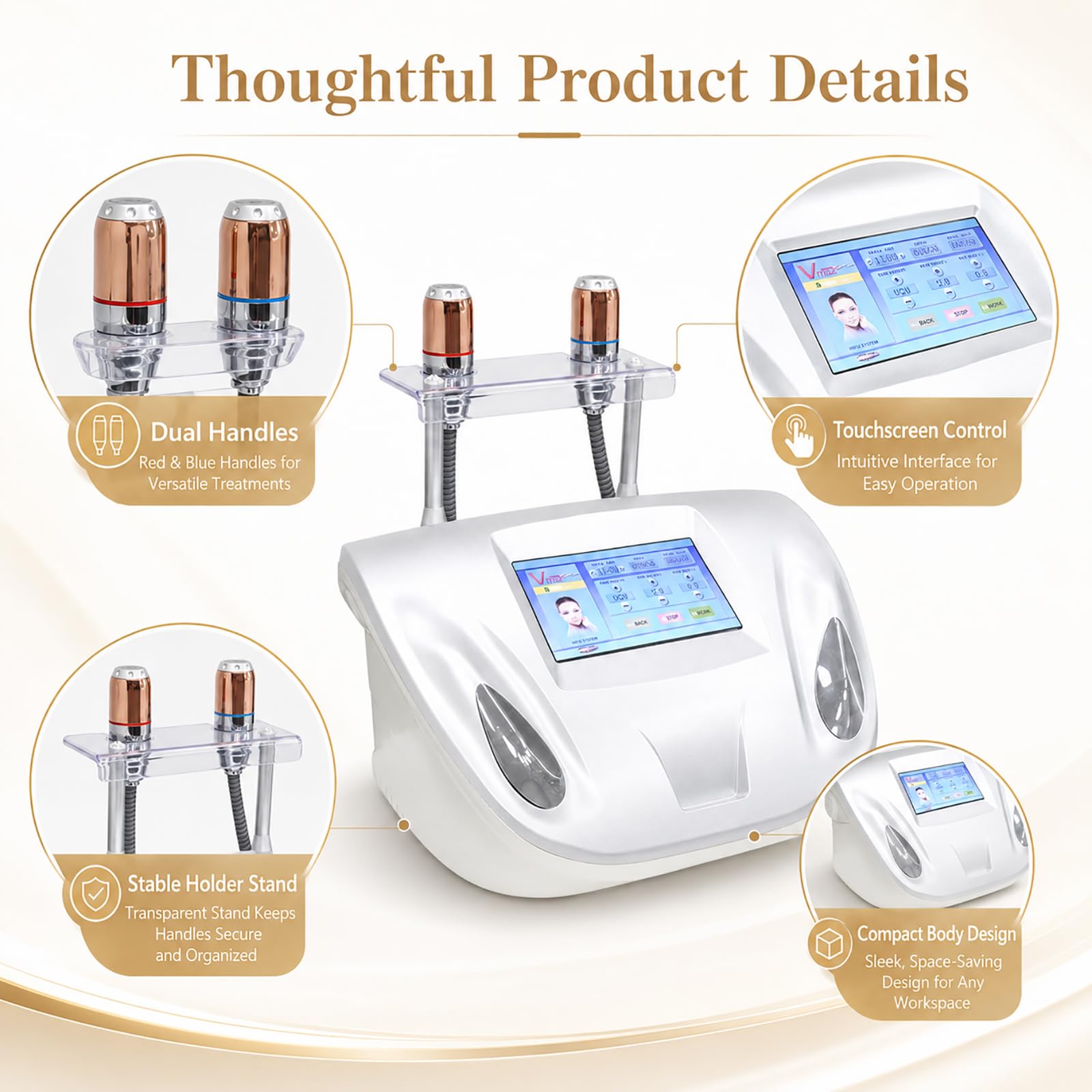Macchina per la Bellezza del Viso Portatile, Dispositivo Lifting Facciale Multifunzione con 2 Manici, Touch Screen, Regolazione Intensità Multilivello per Rassodamento Pelle e Antirughe