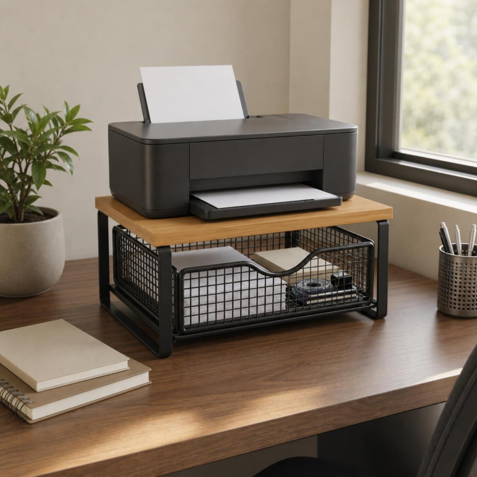 Organizer Scrivania Doppio Livello 2 Livelli Portaoggetti Cassetto Rete Struttura in Metallo Portaoggetti Multifunzione, Stile Nero, Noce, Con Cassetto, Rialzato Senza Installazione