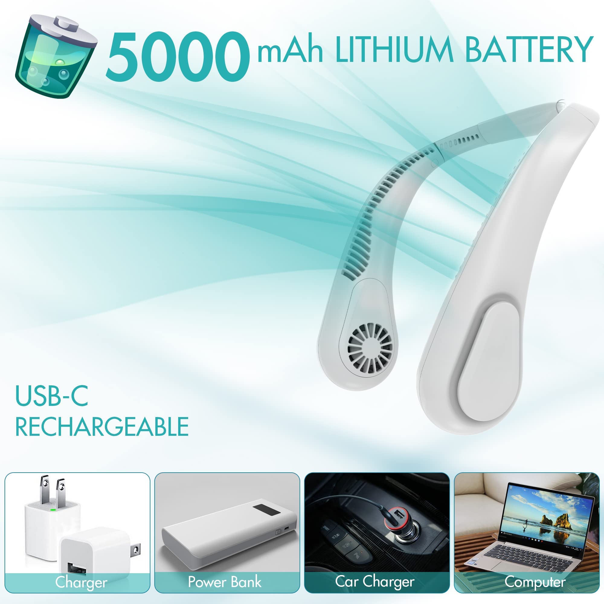 COMLIFE Bladeless Neck Fan, 5000mAh Rechargeable Battery Powered, Angle Adjustable, Hand-free Portable Neck Fan for Both Outdoor & Indoor Use, UL Certified, White