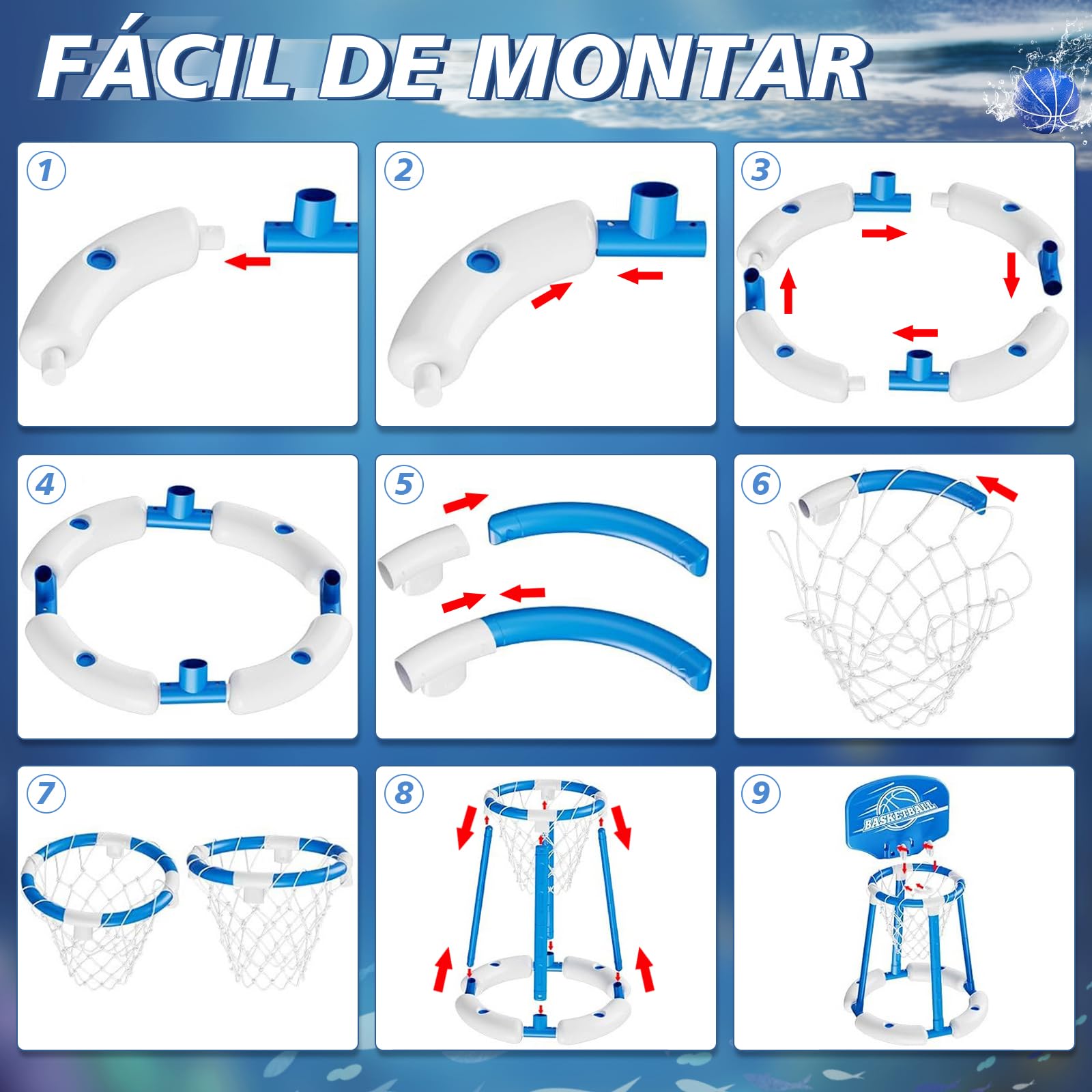 Charmofun Canasta de Baloncesto Piscina, Flotante Canasta Juguetes Piscina Juegos, Aro de Baloncesto Juegos de Agua con 2 Pelotas y Bomba para Niños y Adultos, Interior y Exterior