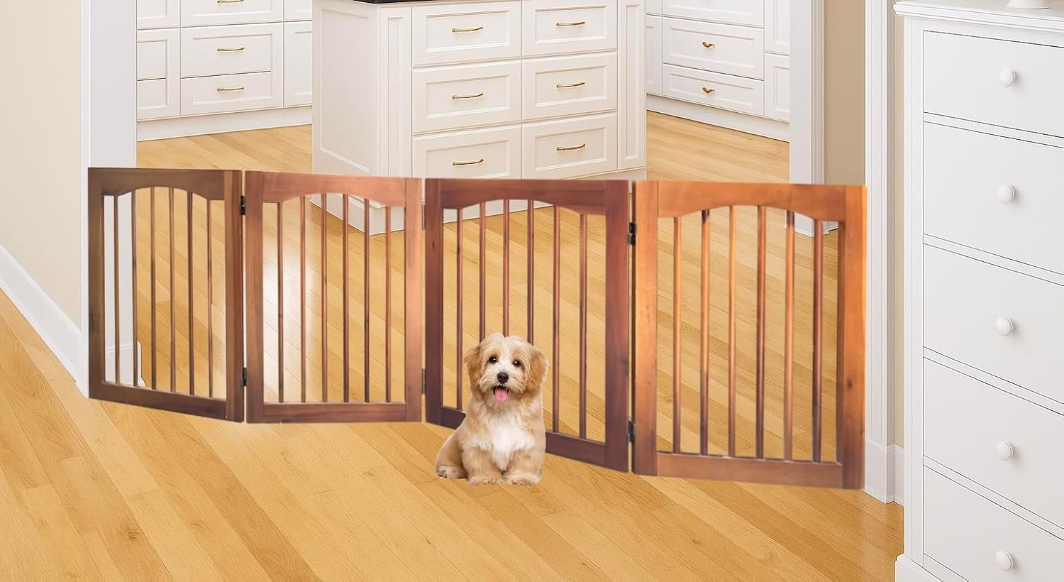 Tabago 4-Panel Foldable Freestanding Wooden Pet Gate 24"x20" – Expands up to 80", White & Natural Dog Gate for Small Pets, Stylish Indoor Barrier for Doorways & Hallways (Brown, 24" H x 80" W)