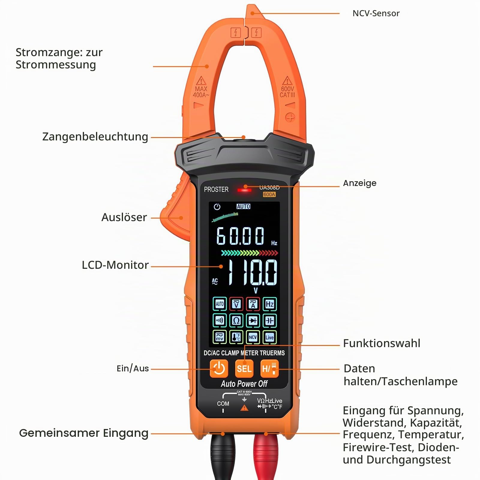 Proster Intelligente Stromzange TRMS 6000 Counts 600A AC/DC Stormmessung