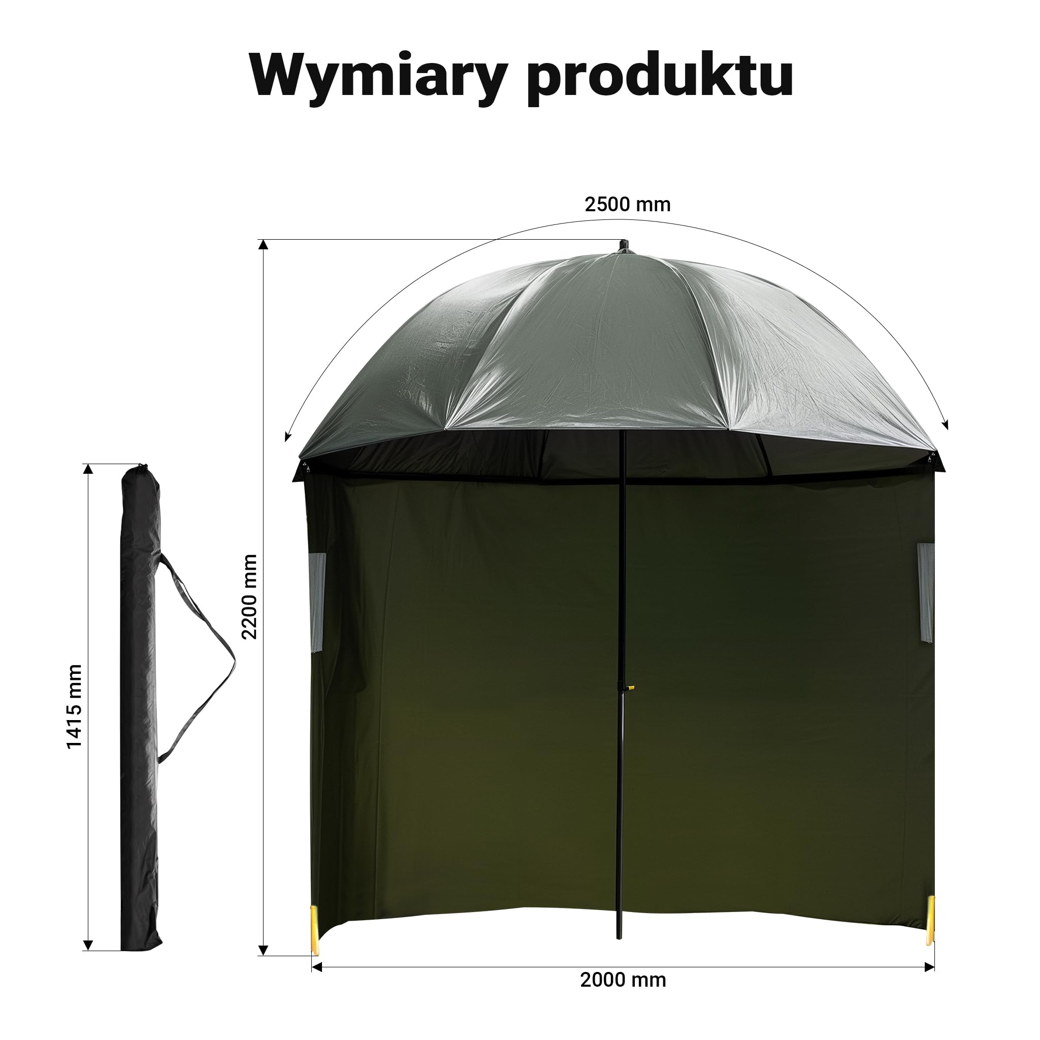 Wiltec Parasol wędkarski 250 cm z bokami i oknami, wodoodporny namiot parasolowy, duży parasol na ryby, sprzęt wędkarski dla ochrony przed wiatrem