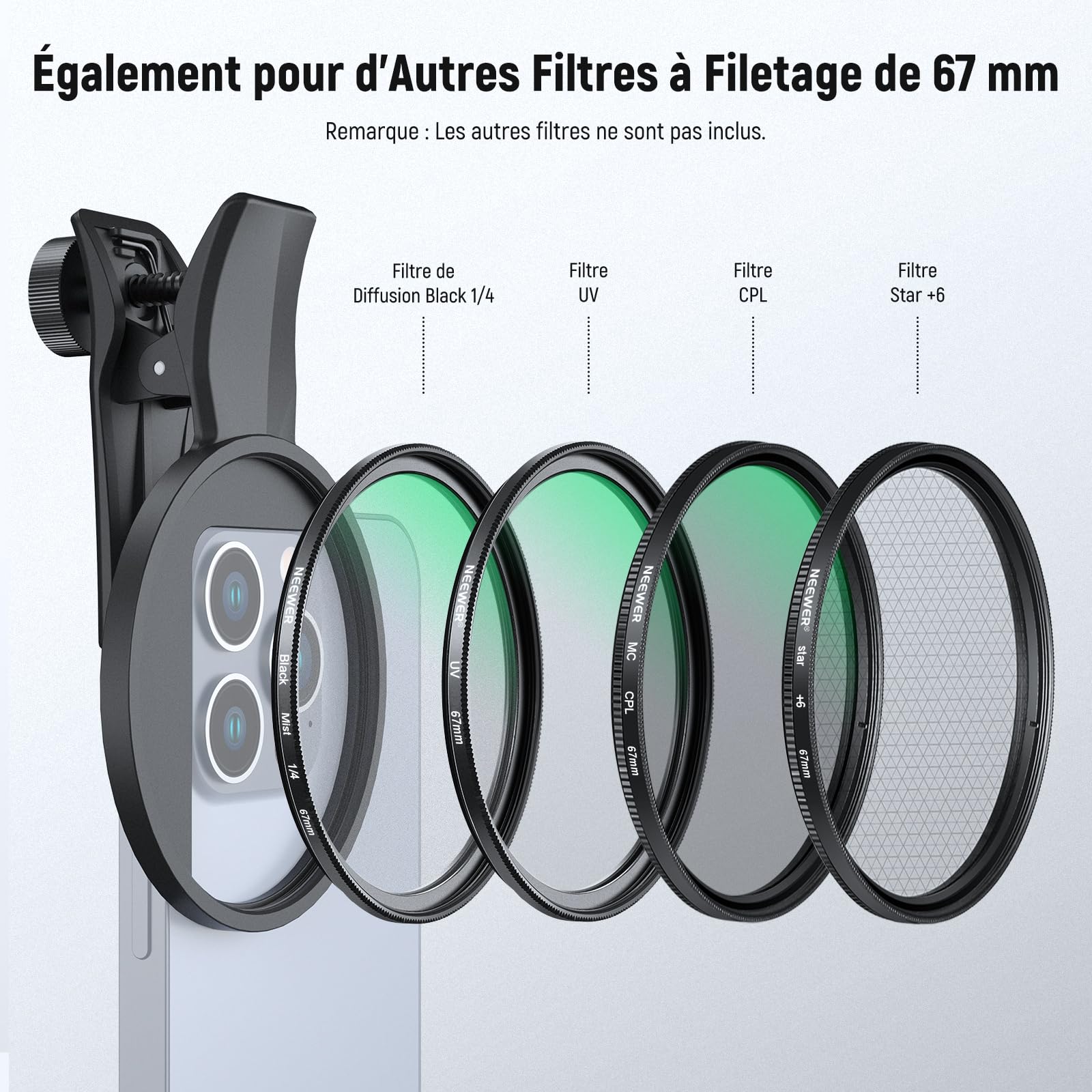 NEEWER 67mm Filtre ND Variable Compatible avec iPhone,Filtre à densité Neutre ND2-32 à Clipser, Kit d'accessoires Photo pour iPhone 17, 16, 15 Pro Max Plus, 16e, 14, 13 Mini, FL-B25