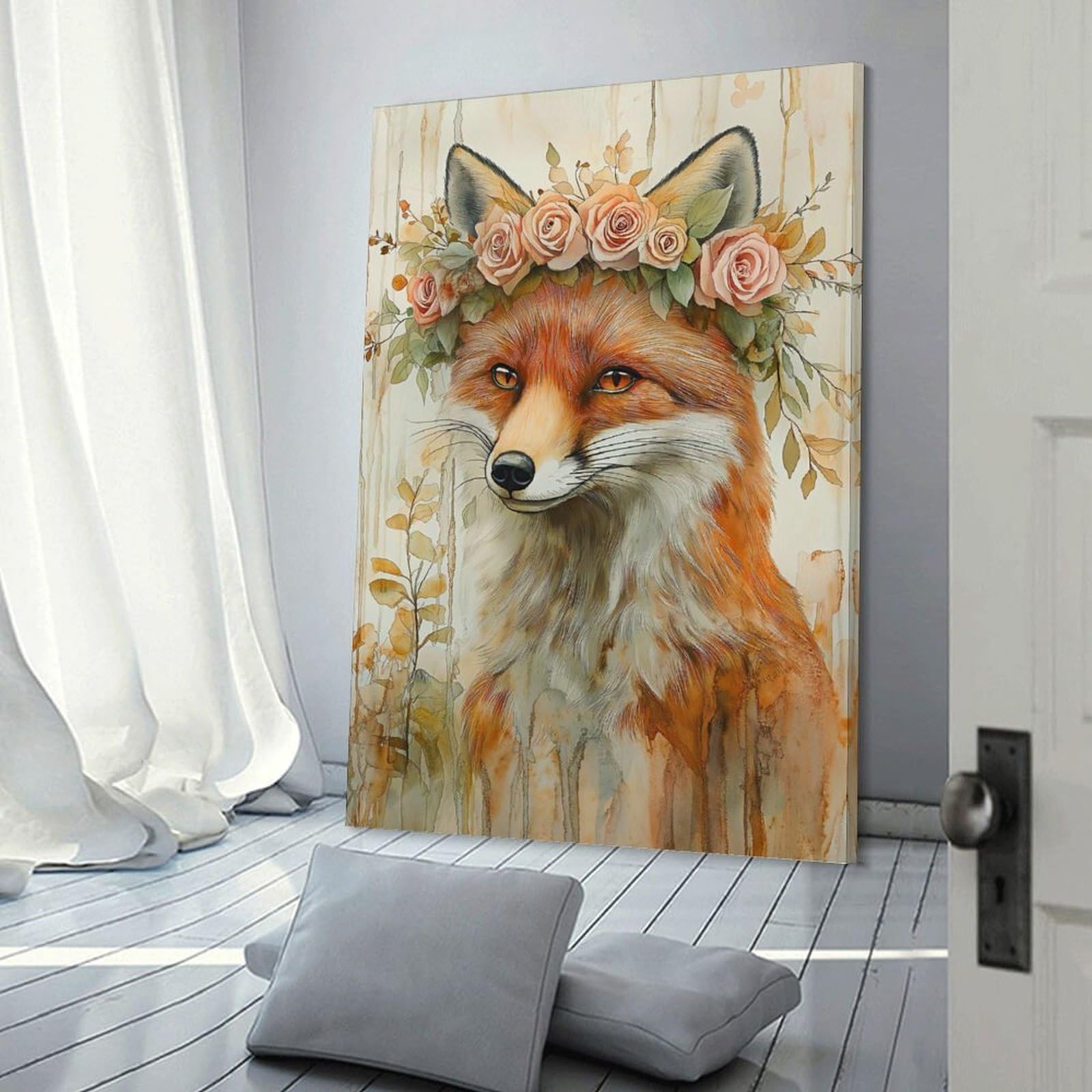 Junmoney Fox with Floral Crown Room Decor Wall Art, 24x36inch(60x90cm), for Hallway, Lounge Or Guest Room, Gift Idea for Housewarming And Birthdays