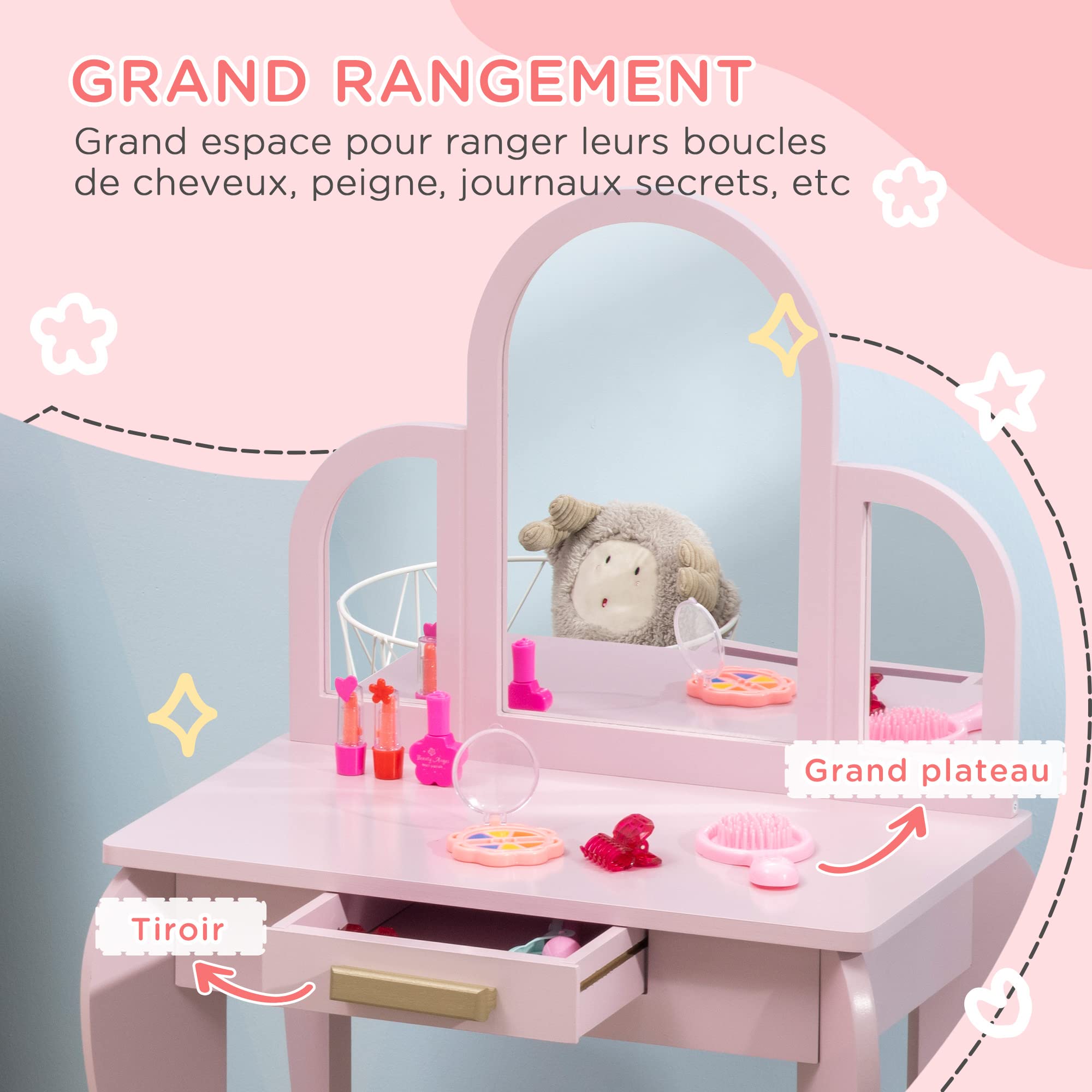 HOMCOM Coiffeuse Enfant Table de Maquillage avec Tabouret 3 miroirs et tiroir Meuble de Maquillage en Bois pour Petites Filles 3 à 6 Ans - 52 x 32 x 85 cm - Rose