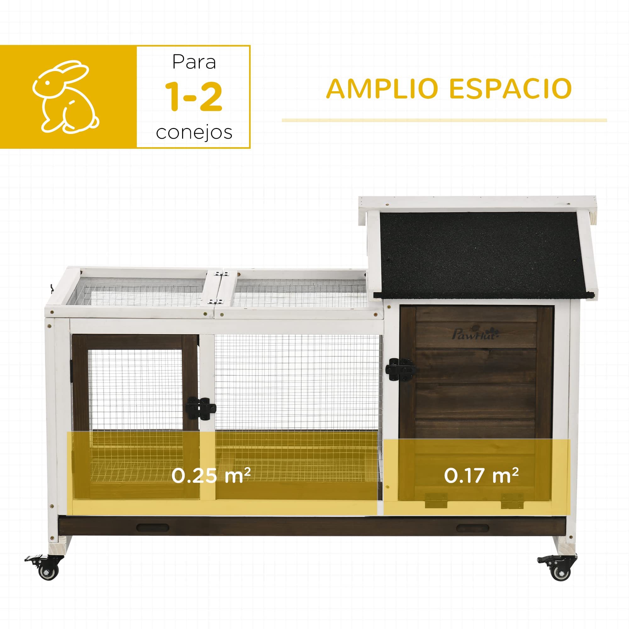 PawHut Conejera de Madera con Ruedas Jaula para Conejos con Techo Puede Abrir y Bandeja Extraíble Conejera para Interior y Exterior 108x58x73,5 cm Café