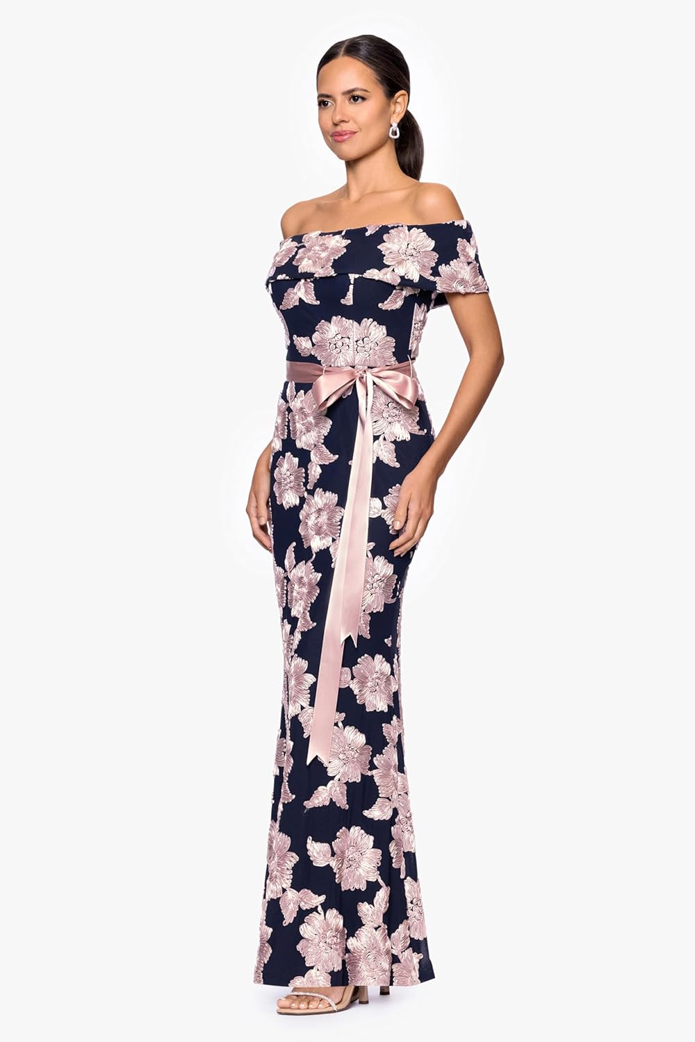 Betsy & Adam Women's Lace Off The Shoulder Belted Floral Floor Length Dress