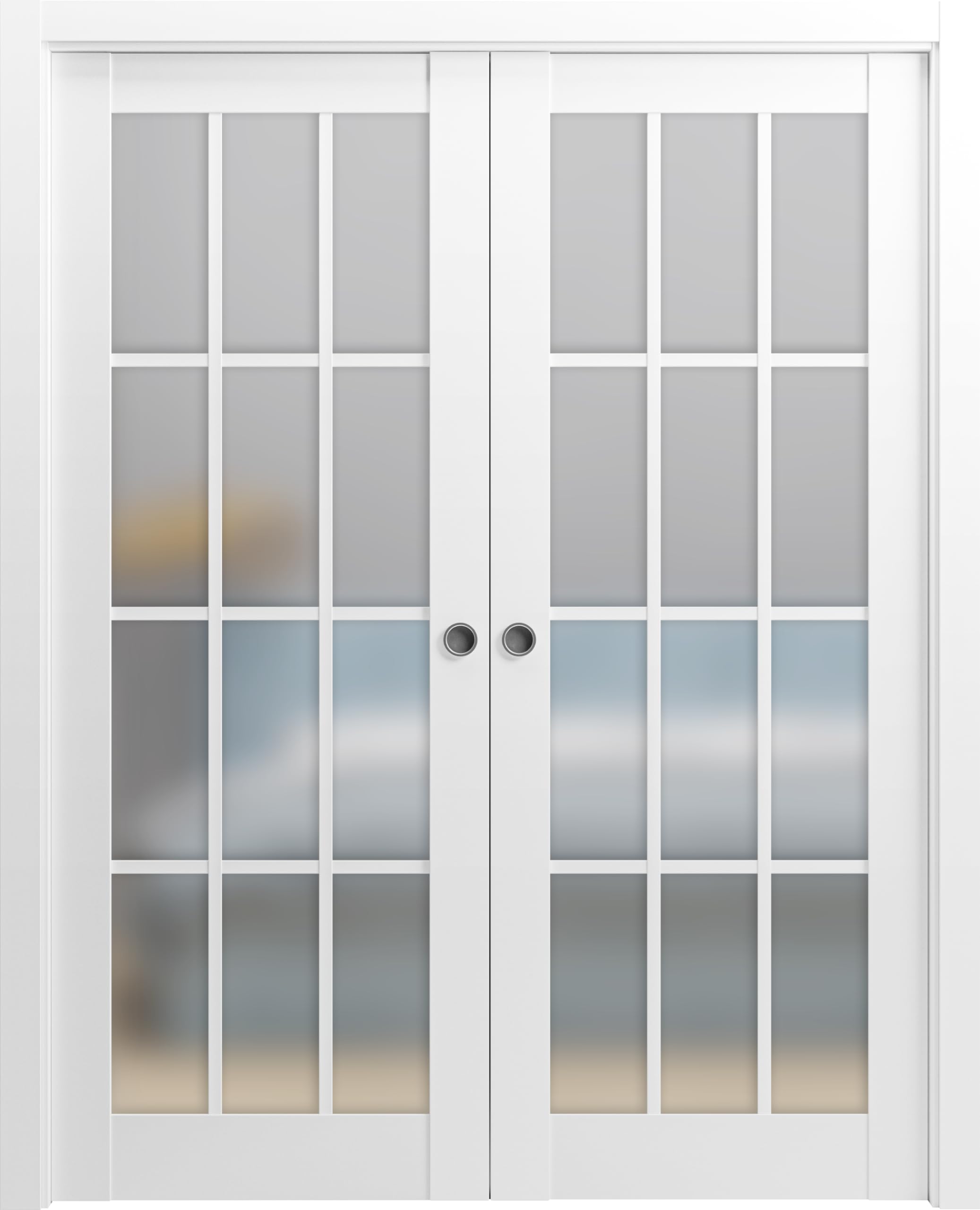 Sliding French Double Pocket Doors 60 x 96 inches Frosted Glass 12 Lites| Felicia 3312 Matte White | Kit Trims Rail Hardware | Solid Wood Interior