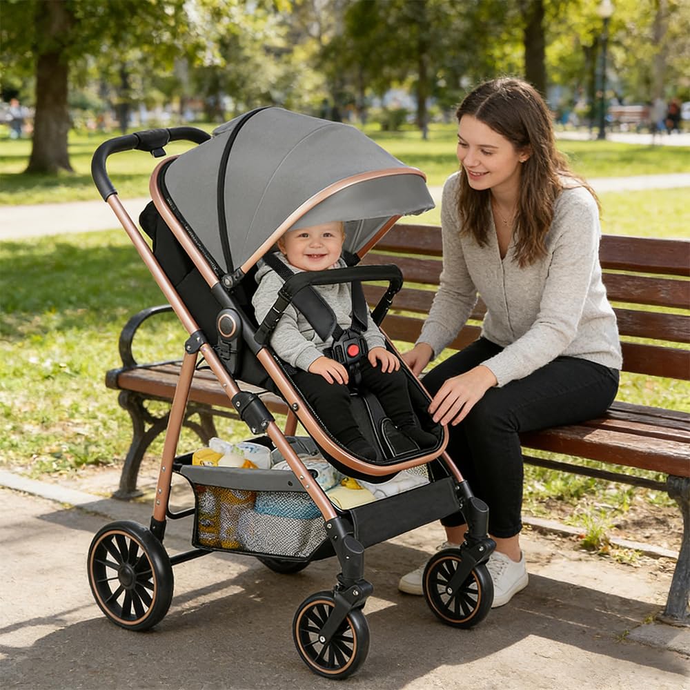 OHMG Poussette 3 en 1 avec Nacelle, Poussette de Voyage's Nacelle est Pliable, Trio Poignée est Réglable, les Roues sont en Matériau PU, pour Enfant de la Naissance à 3 Ans (Gris)