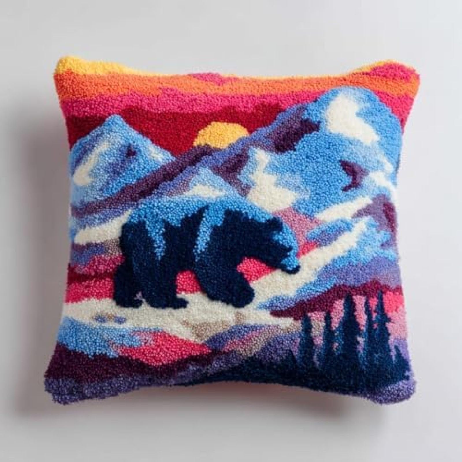 kitphoenix DIY Latch Hook Kit,Cushion Cover Making Set for Adults with Yarn,Black Bear and Snow Mountains,Hook and Pre-Printed Canvas,43x43 cm