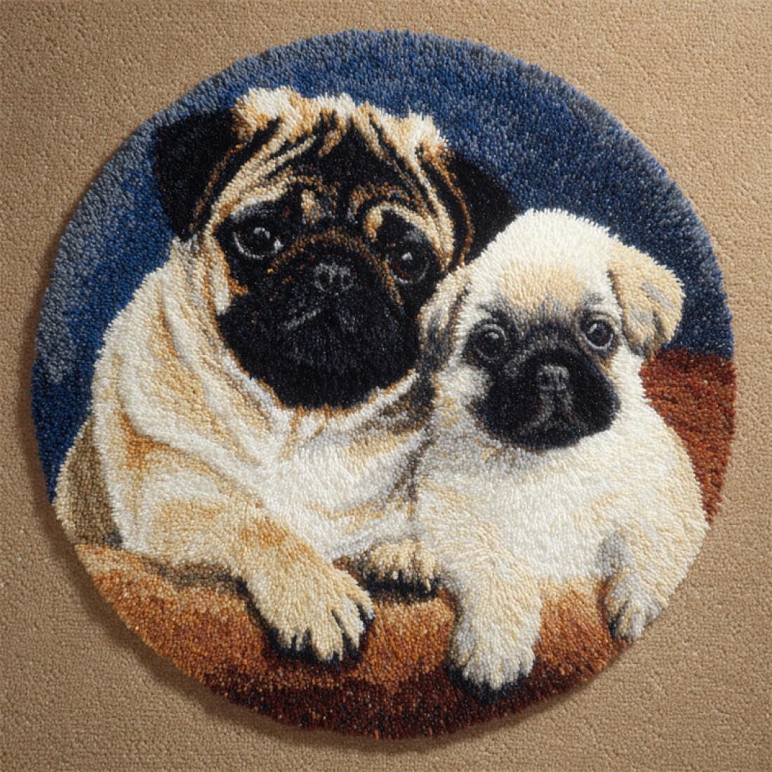 Rqwybcaxn DIY Latch Hook Rug Kit for Beginners Animal Crochet Starter Kit Cartoon Pug 60x60cm Round Tapestry with Crochet Hook Bedroom Craft Gift