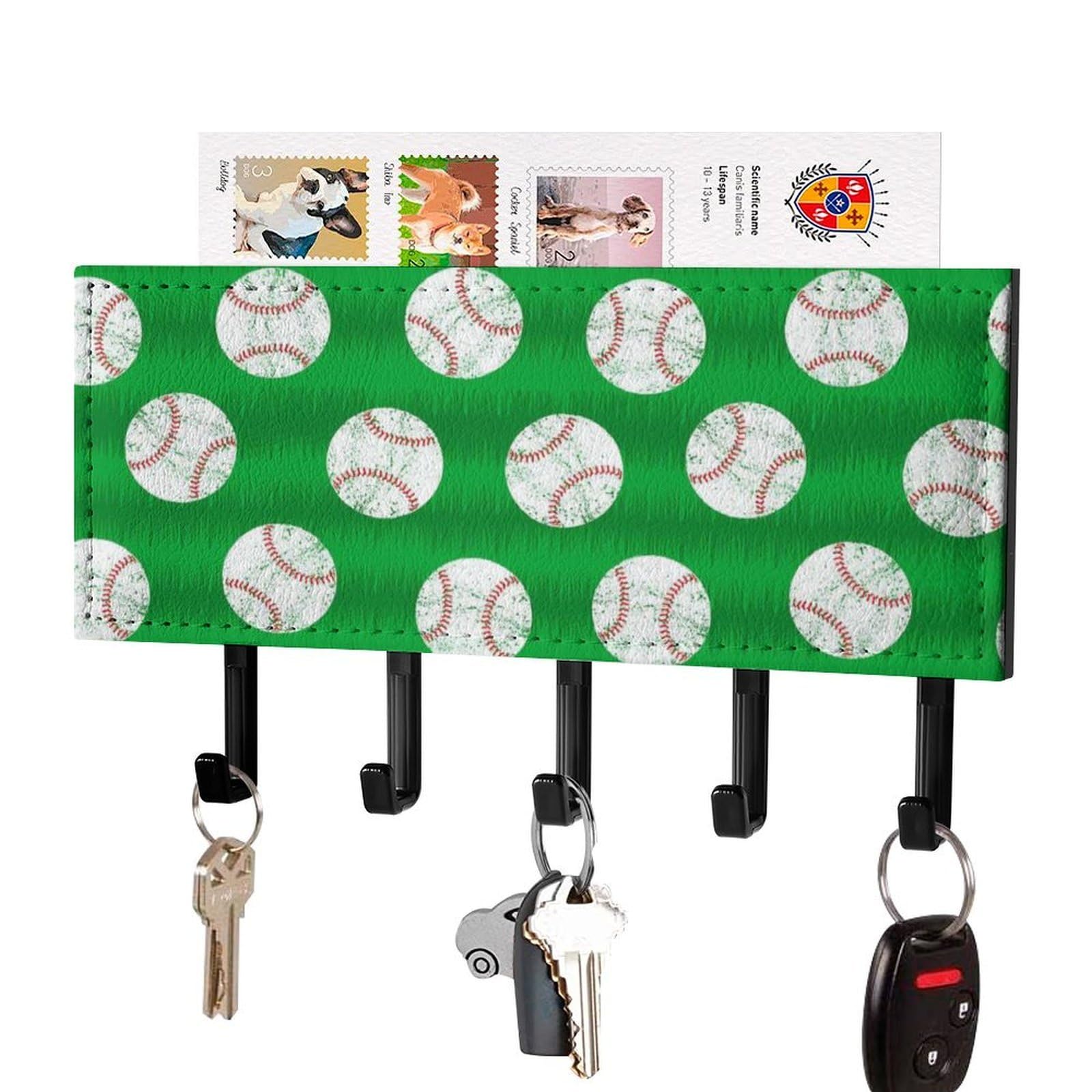 NCLQVJXZKHW Baseballs on Grass Key Holder with 5 Hooks Key Hooks Wall Mounted Key Racks Key Hanger Organiser Shelf