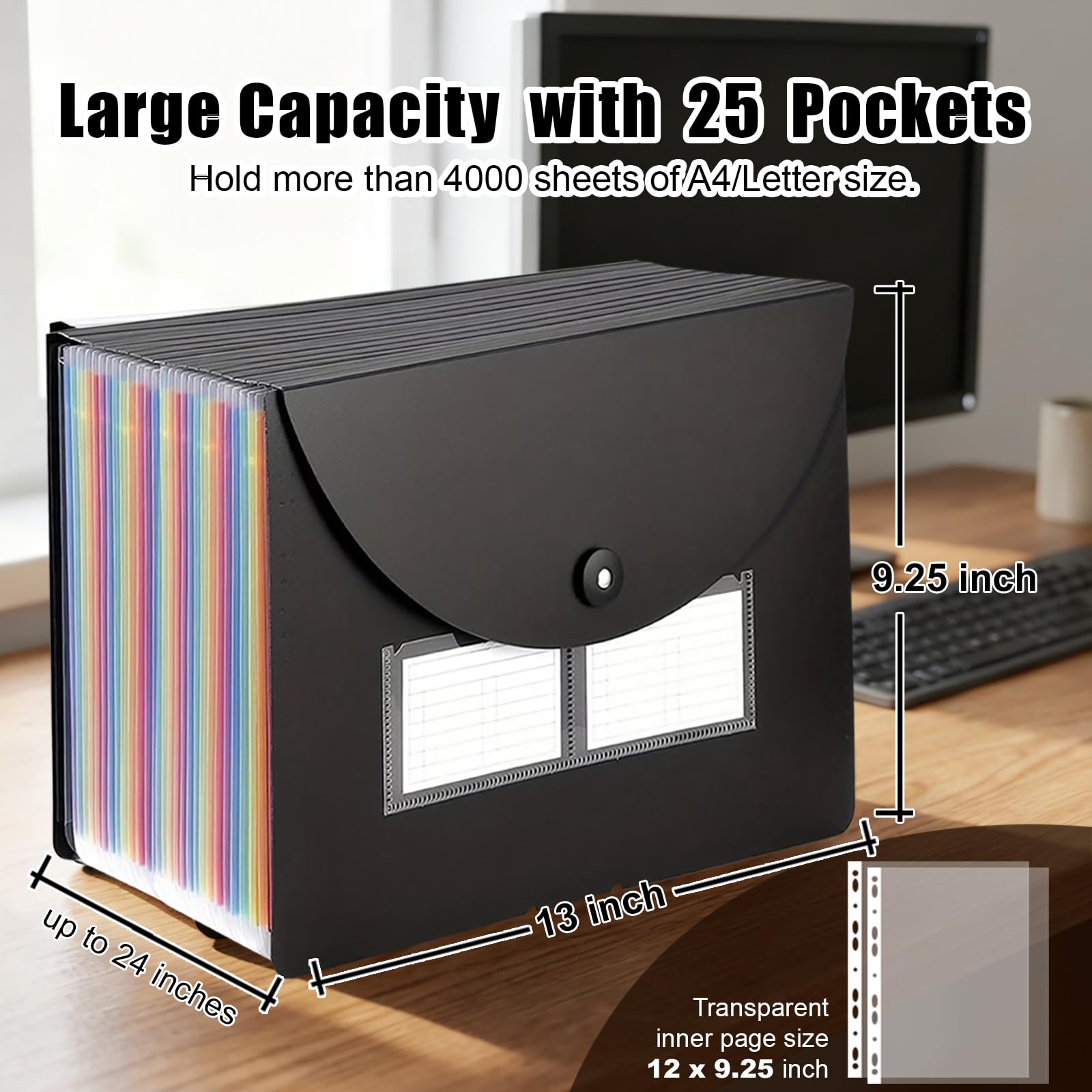 Cartella portadocumenti a fisarmonica con 25 tasche, espandibile, portatile, mensile, per banconote e ricevute, per casa e ufficio, con etichette e pagine trasparenti, formato A4/lettera, 4 confezioni