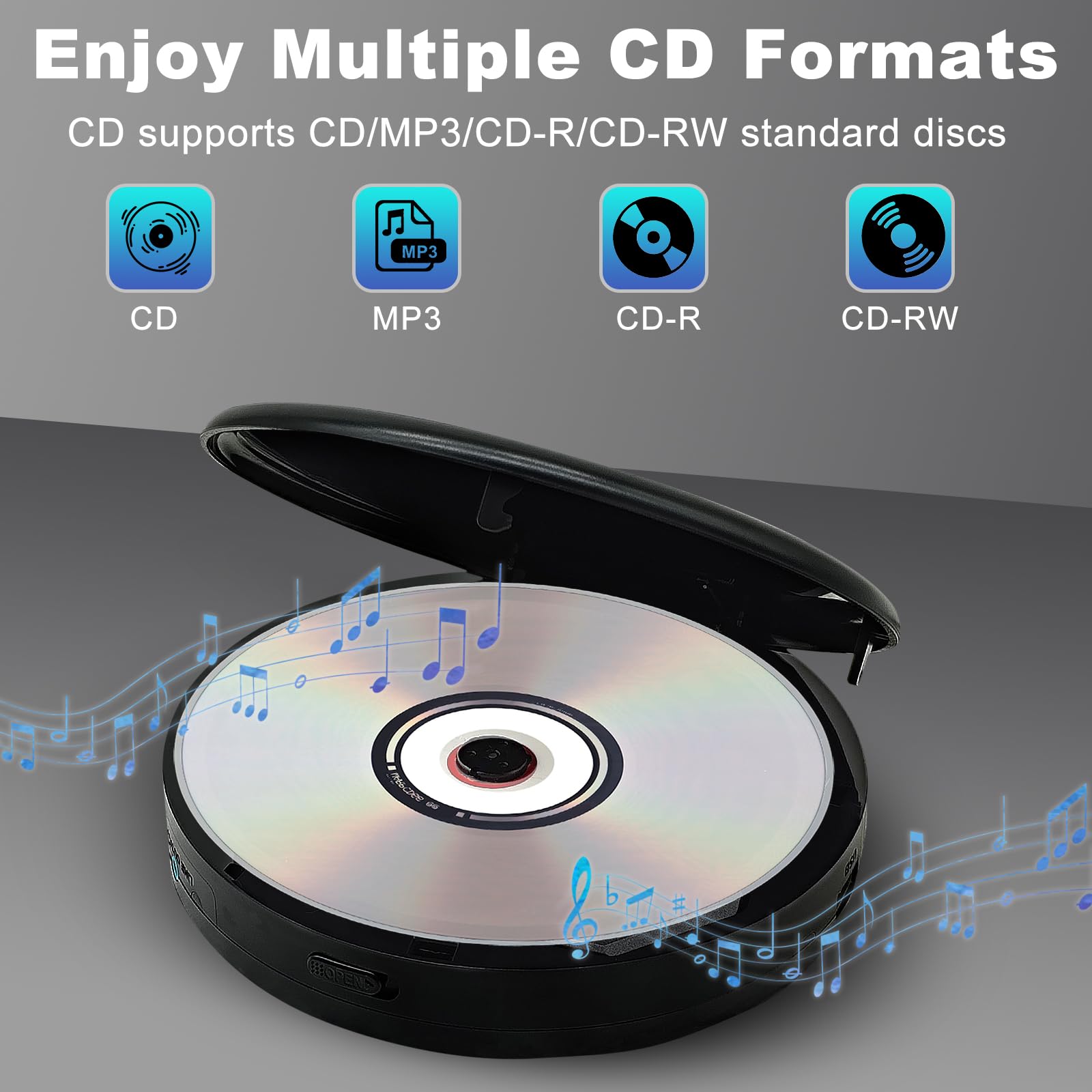 Lettore CD portatile ricaricabile portatile con altoparlanti doppi e antiscivolo, CD, doppio Bluetooth, trasmissione FM, USB, AUX, display LCD, pulsante retroilluminato, ripetere