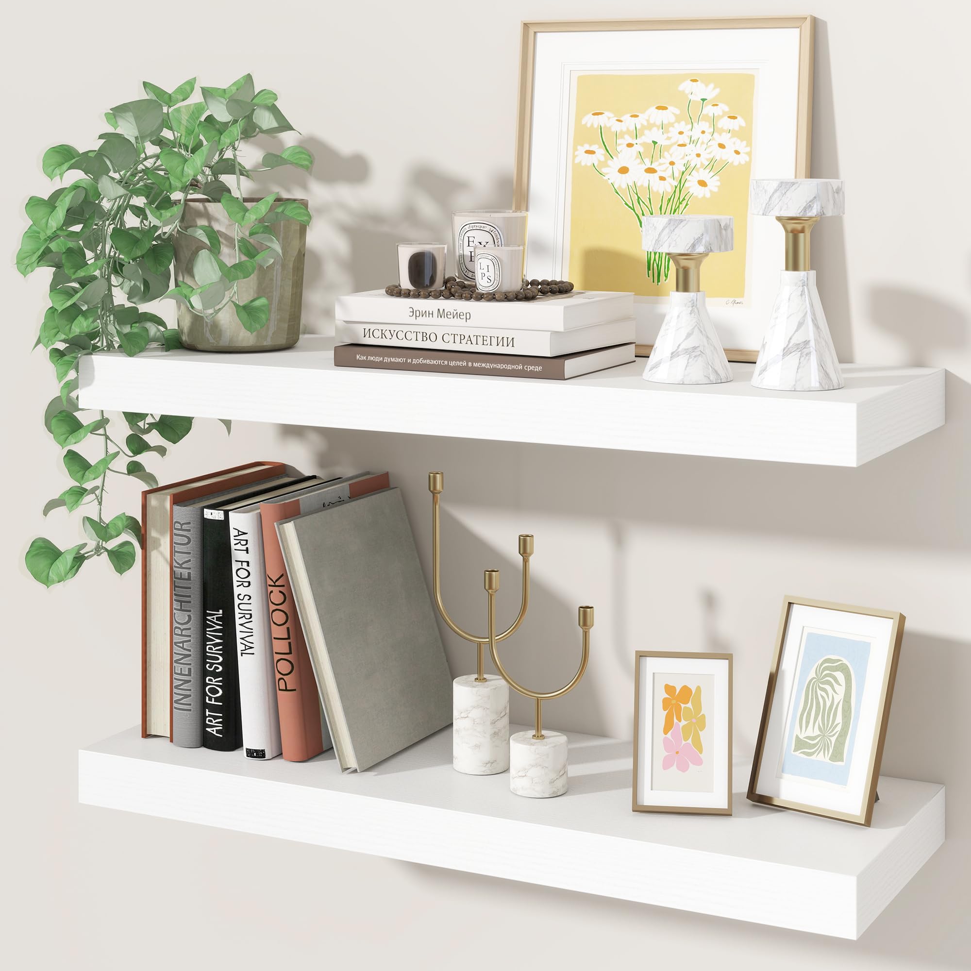 Floating Shelves Set of 2, 60cm Wooden Wall Shelves with Invisible Brackets