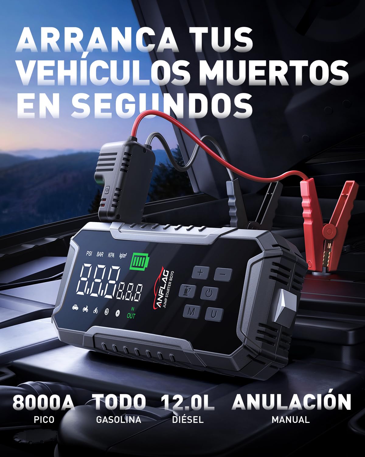 Arrancador de Baterias de Coche con Compresor de Air,ANFLAG 8000A 160PSI Arrancador(para All Gas/12L Diésel/Híbrido),26800mAh 12V Jump Starter con Clips de Seguridad Inteligentes/Martillo de seguridad