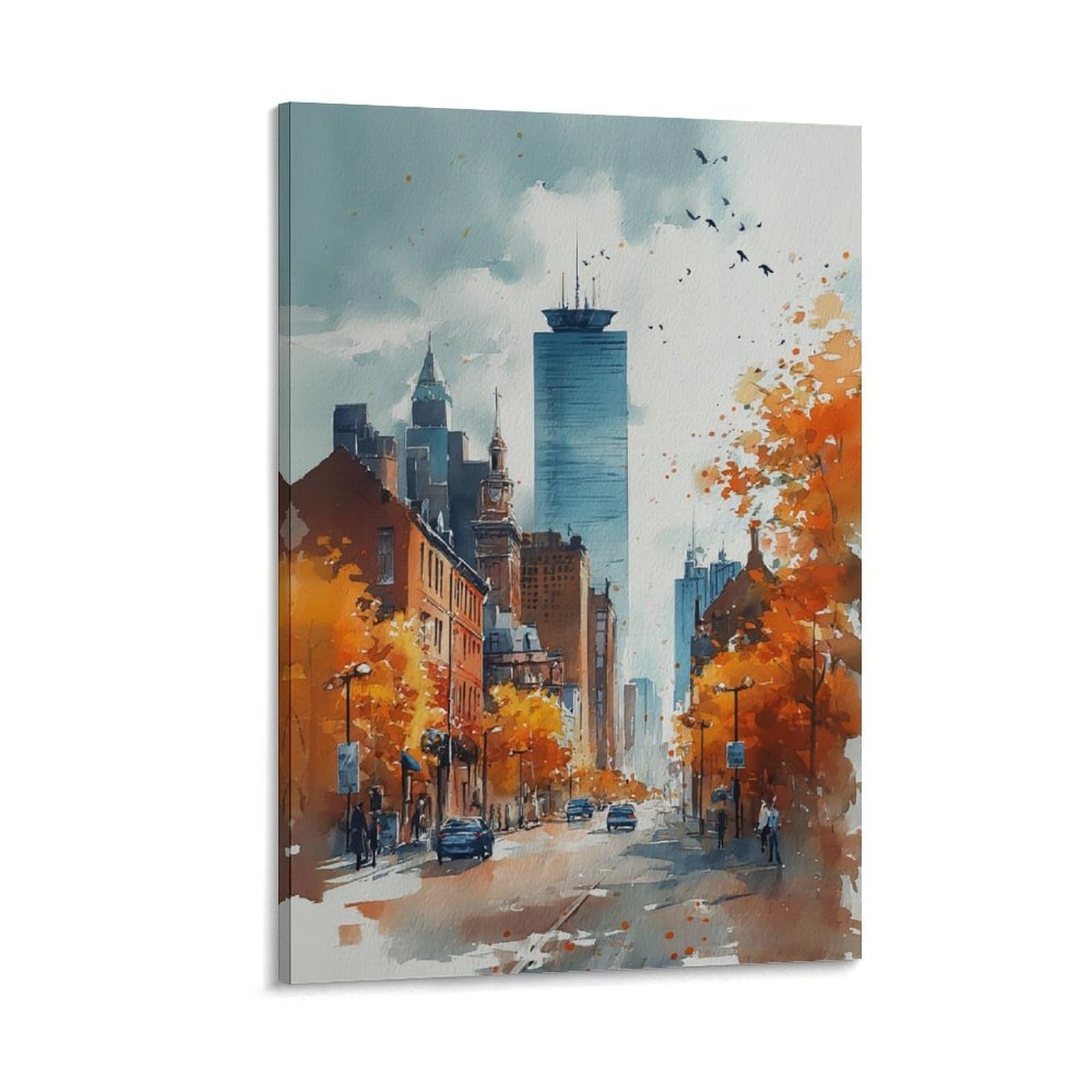 LCYNNH Boston Watercolor Print Autumn Cityscape Wall Art Poster Tree 16x24inch(40x60cm) Print Home Bedroom Office Living Room Decor Canvas