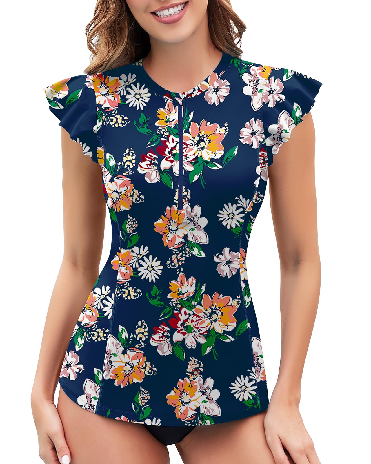 WOWENY Maillot de Bain Anti-UV pour Femme - Manches à Volants - avec Fermeture éclair 1/4 - Maillot de Bain Rash Guard - Tankini - Haut pour Femme