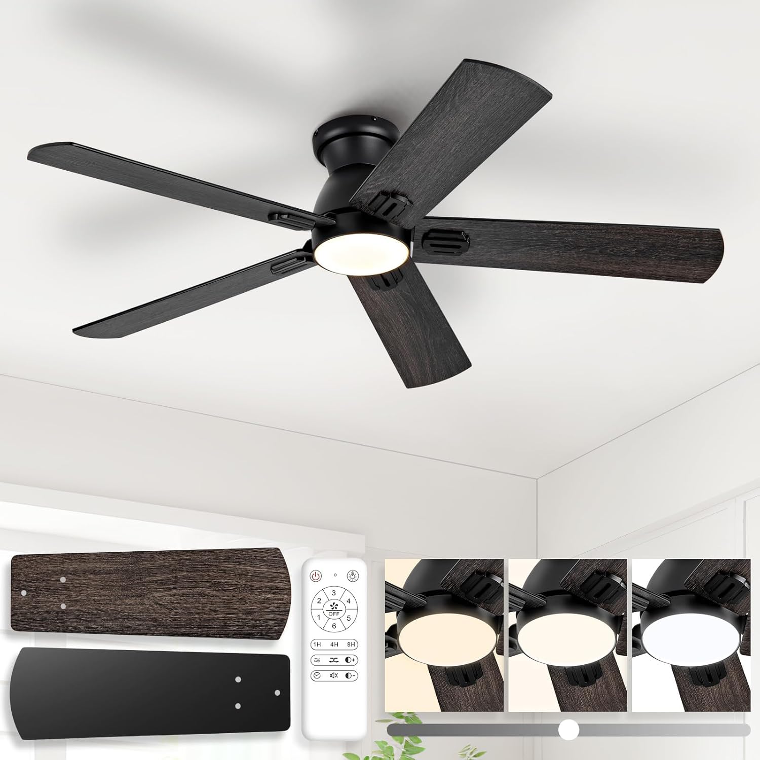 52 Inch Ceiling Fans with Lights and Remote, Memory Function Brown Ceiling Fans, Reversible Modern Ceiling Fan for Outdoor Patio Proch Gazebo Indoor Bedroom (Not Real Wood)