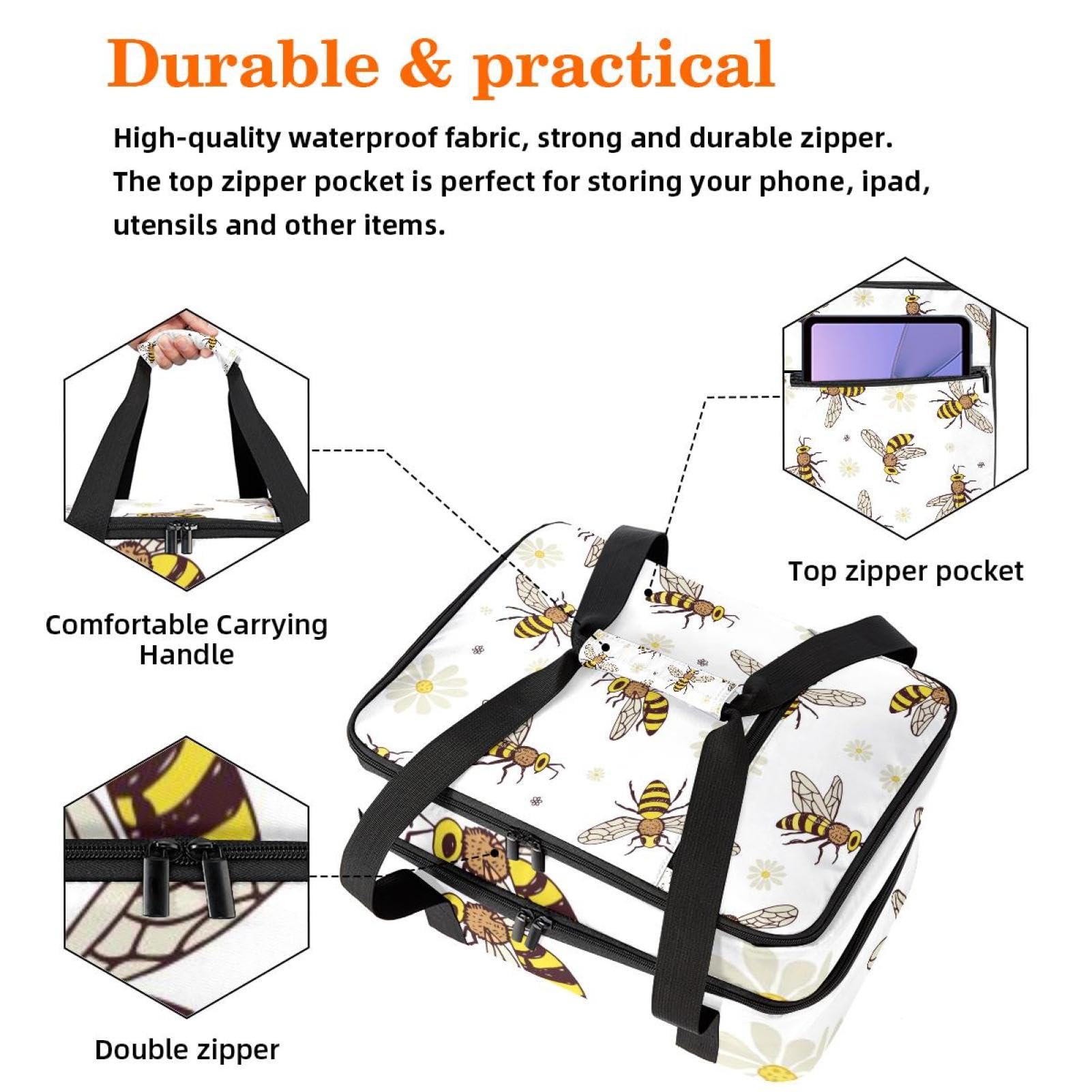 Grand sac à déjeuner isotherme pour homme et femme, double couche, étanche, étanche, réutilisable, sac fourre-tout pour le travail, l'école, le pique-nique, la plage, le camping, les voyages, motif