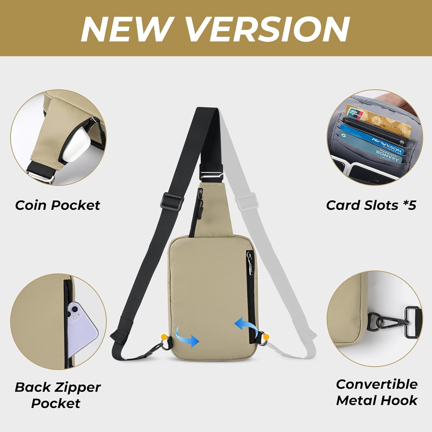 VADOO Sling Bag, Crossbody Bags with RFID & Water Resistant for Women and Men Small Faux Leather Chest Bag for Travel, Khaki - Image 4