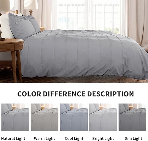 Miniatura 6 de NEXHOME PRO Juego de funda de edredón 100% algodón orgánico, tamaño Queen, juego de funda de edredón plisada con textura de lino, color gris claro,
