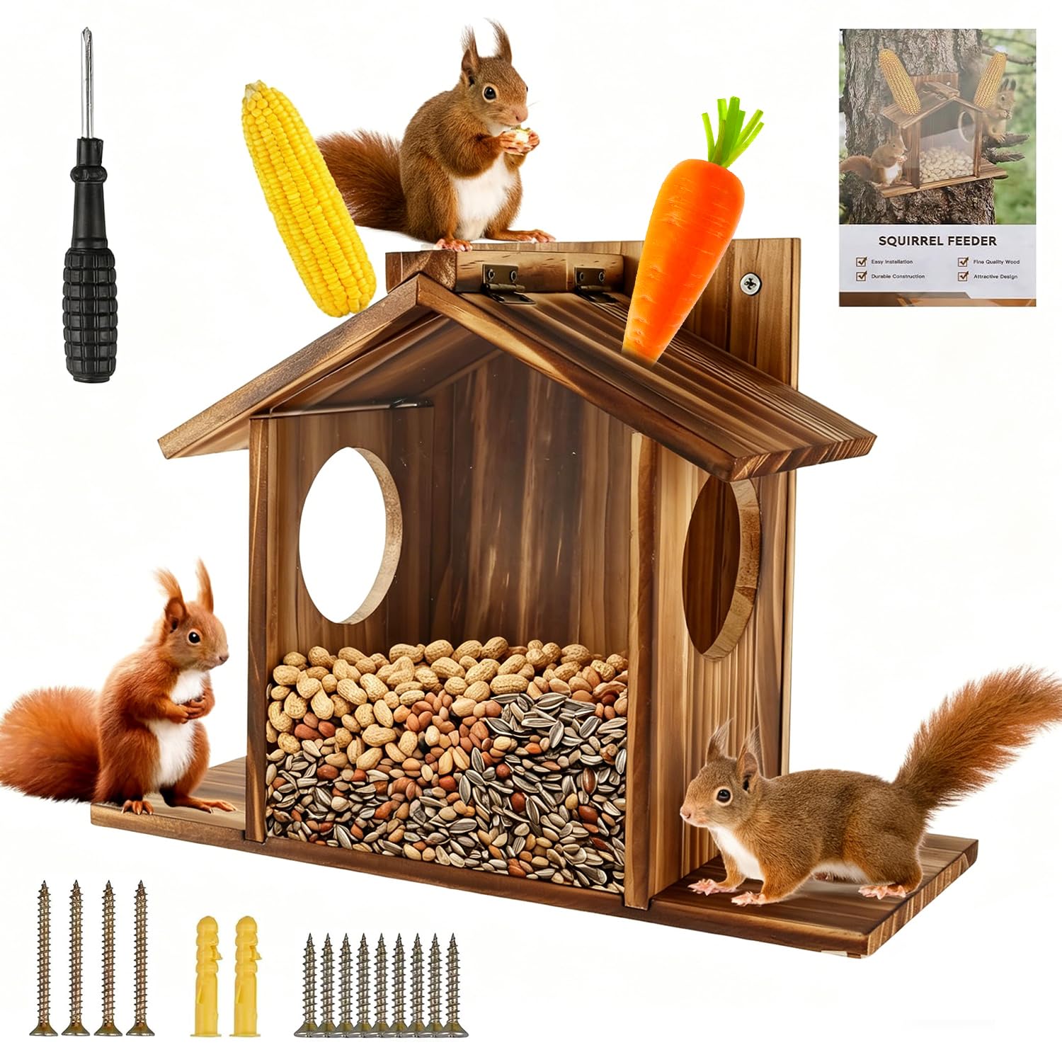 Mangiatoia per Scoiattoli, Casetta per Mangime Scoiattolo in Legno, Mangiatoia per scoiattolo, Mangiatoia Scoiattoli Esterno, Casa Scoiattolo Resistente alle Intemperie, per Giardino all'Aperto (B)