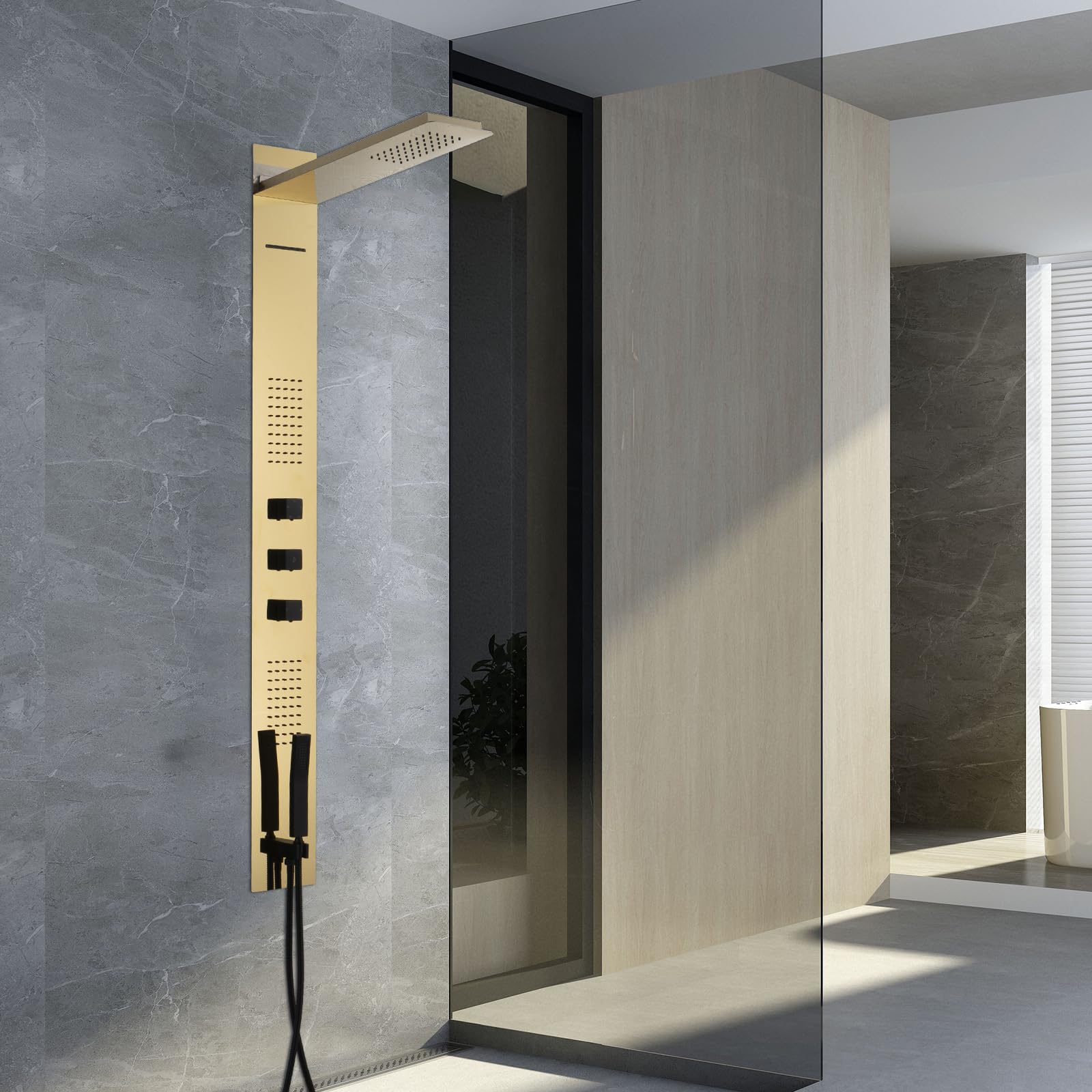 BWE Sistema de torre de panel de ducha dorado pulido, sistema de ducha multifunción con chorros corporales, pulverizador de mano, cabezal de ducha de lluvia y salida de cascada, paneles de ducha de