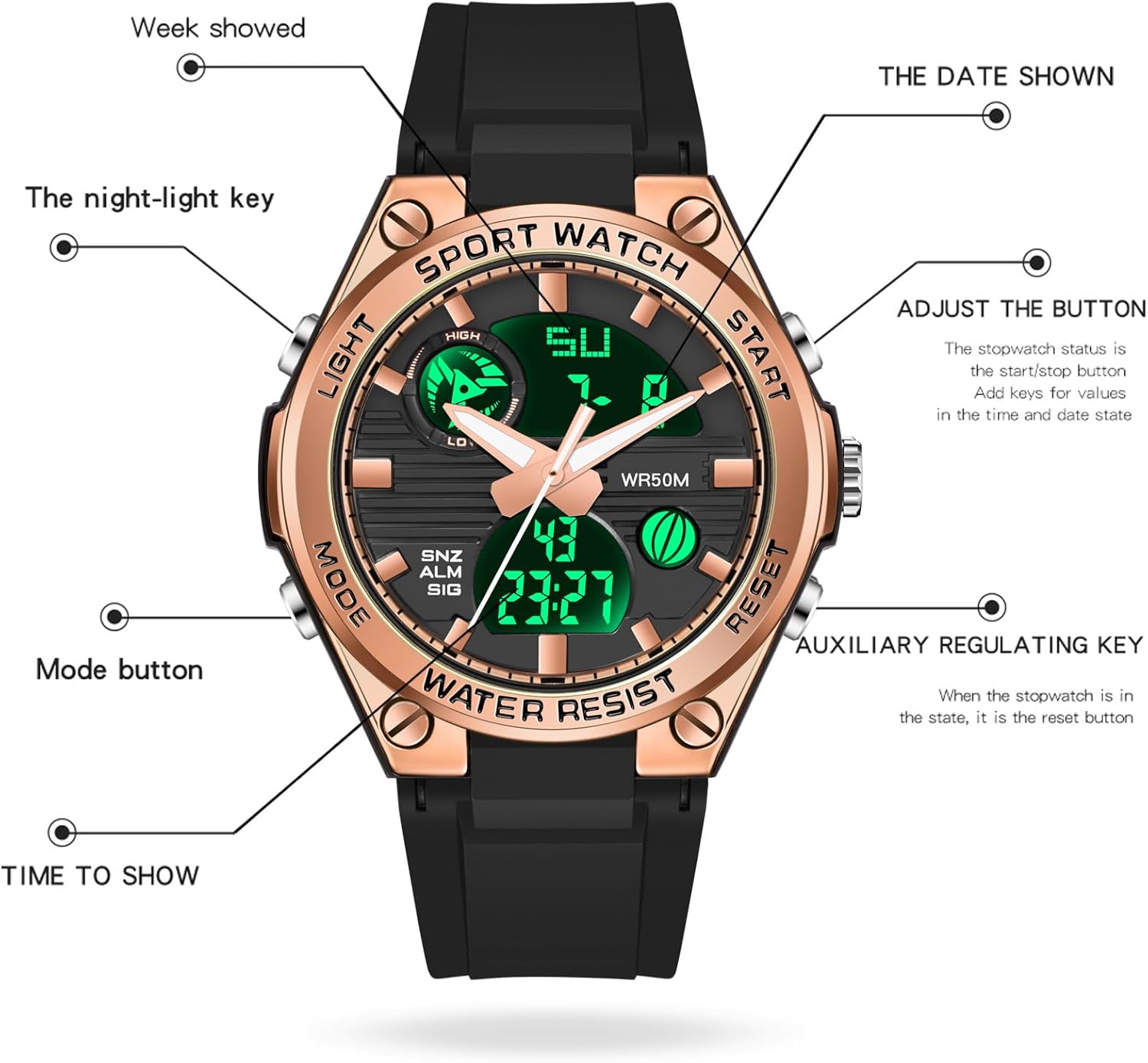 findtime Pink Watches for Women Digital 5Bar Waterproof Sports LED Backlight Wrist Watch Colorful Strap Analog Alarm